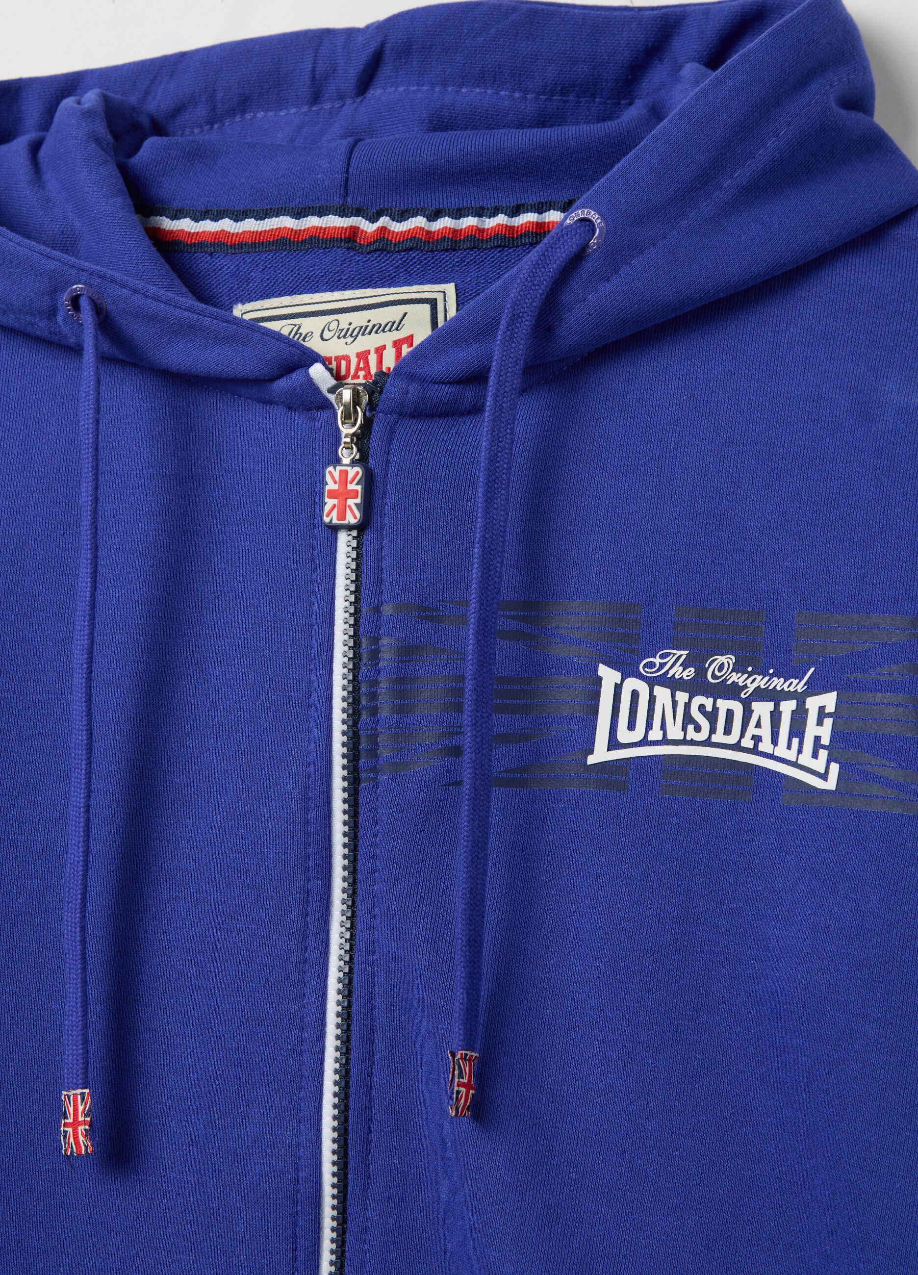 Blue full-zip sweatshirt with hood