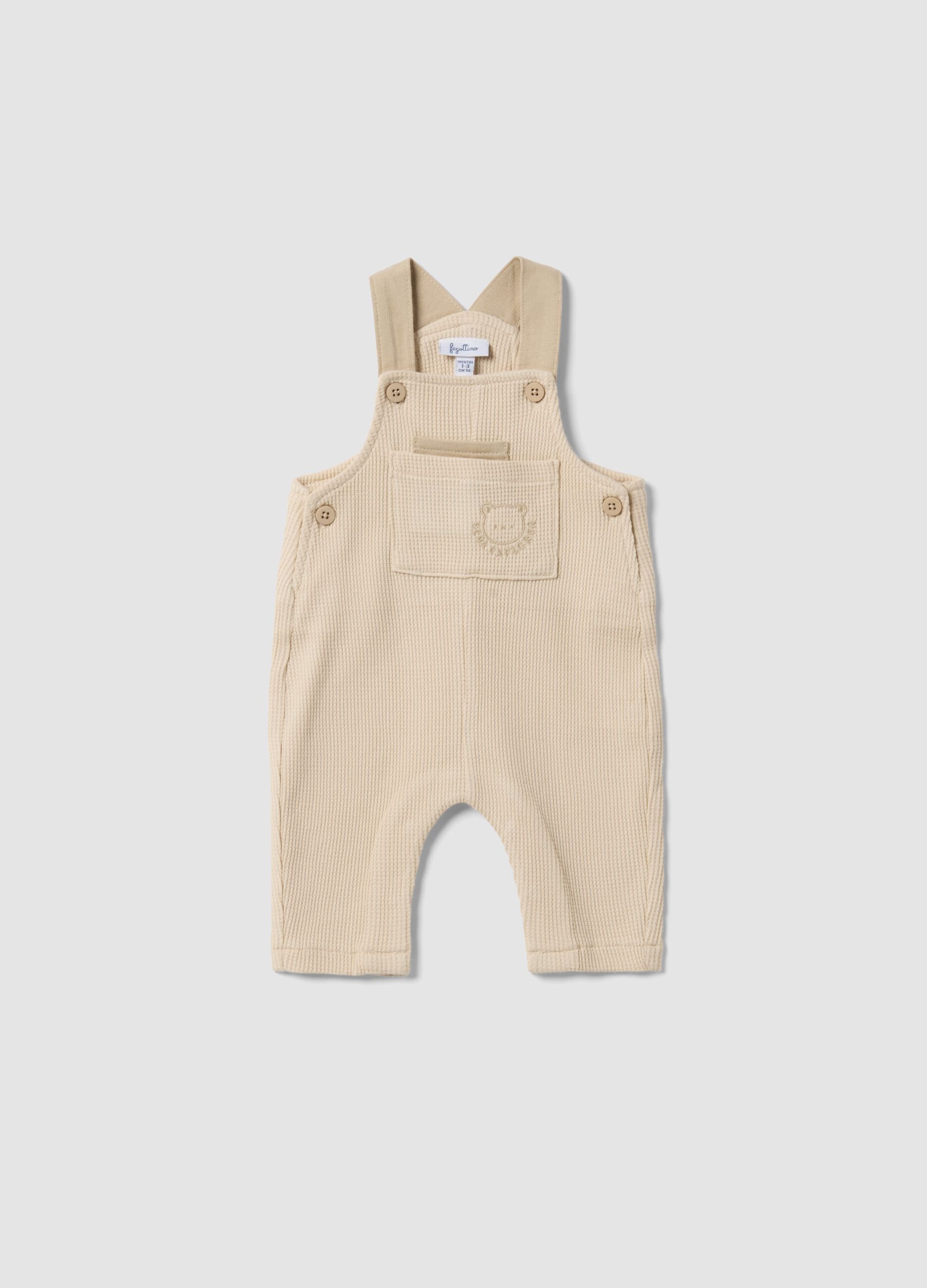 Beige pure cotton baby dungarees, regular fit with embroidery