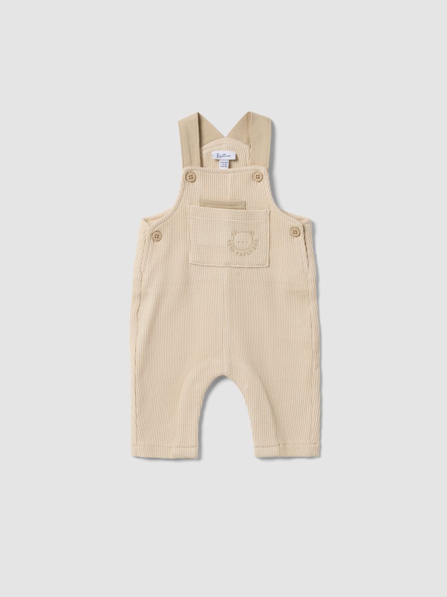 Salopette in puro cotone beige da neonato regular fit con ricamo_0