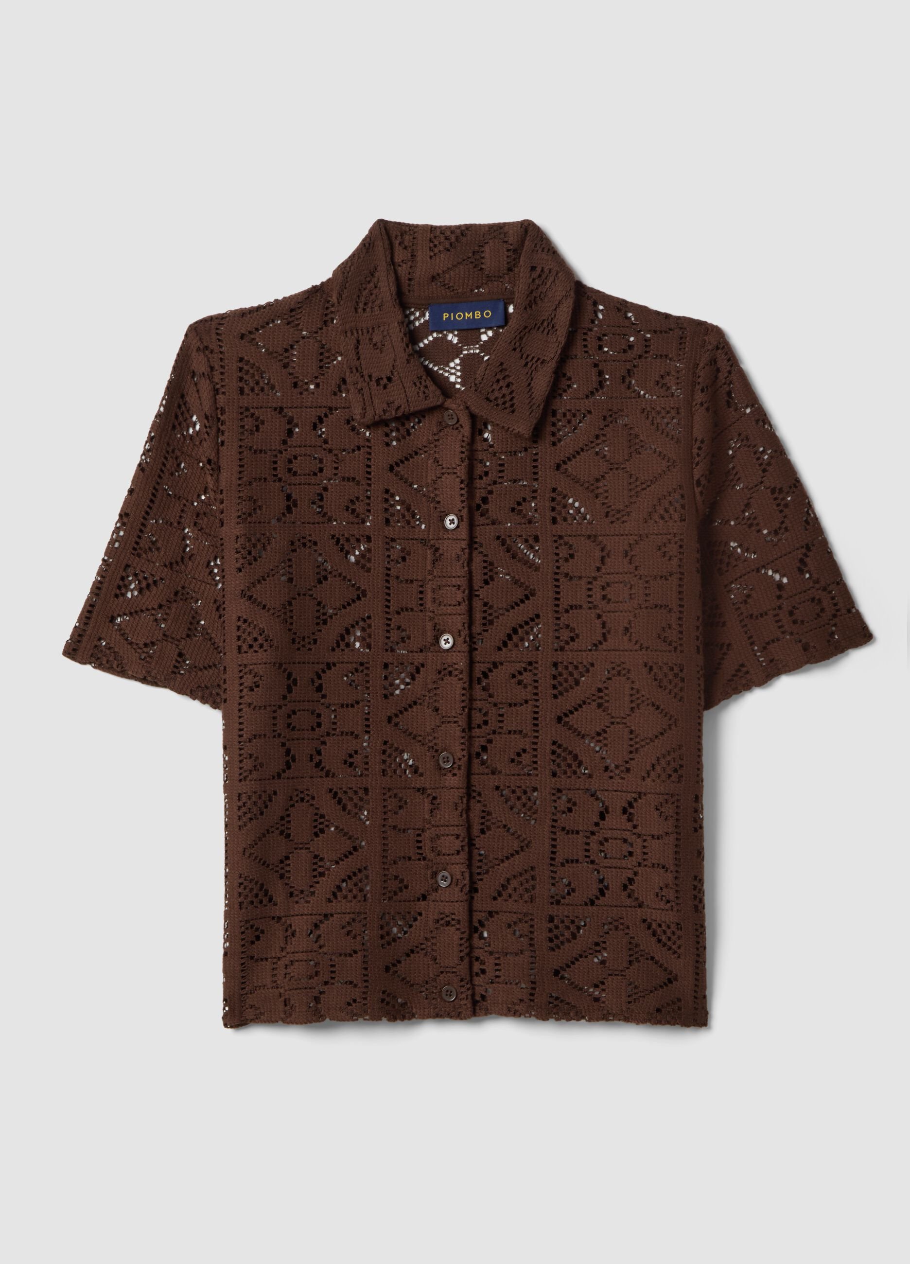 Brown open-knit short-sleeve polo shirt, regular fit
