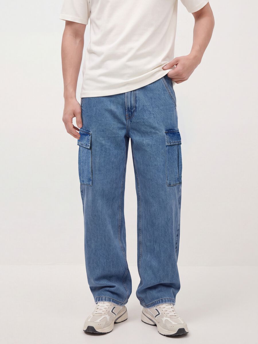 Blue pure cotton wide-leg cargo jeans_2