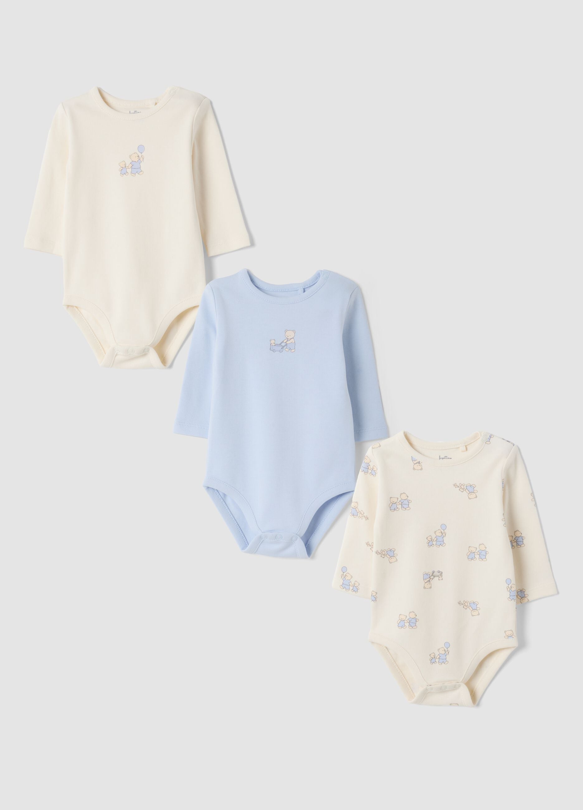 3-pack organic cotton babygrows in ivory and light blue with crew neck