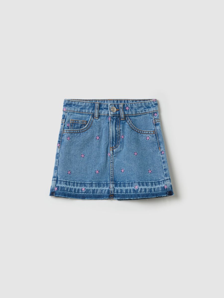 Denim miniskirt with stars embroidery_0