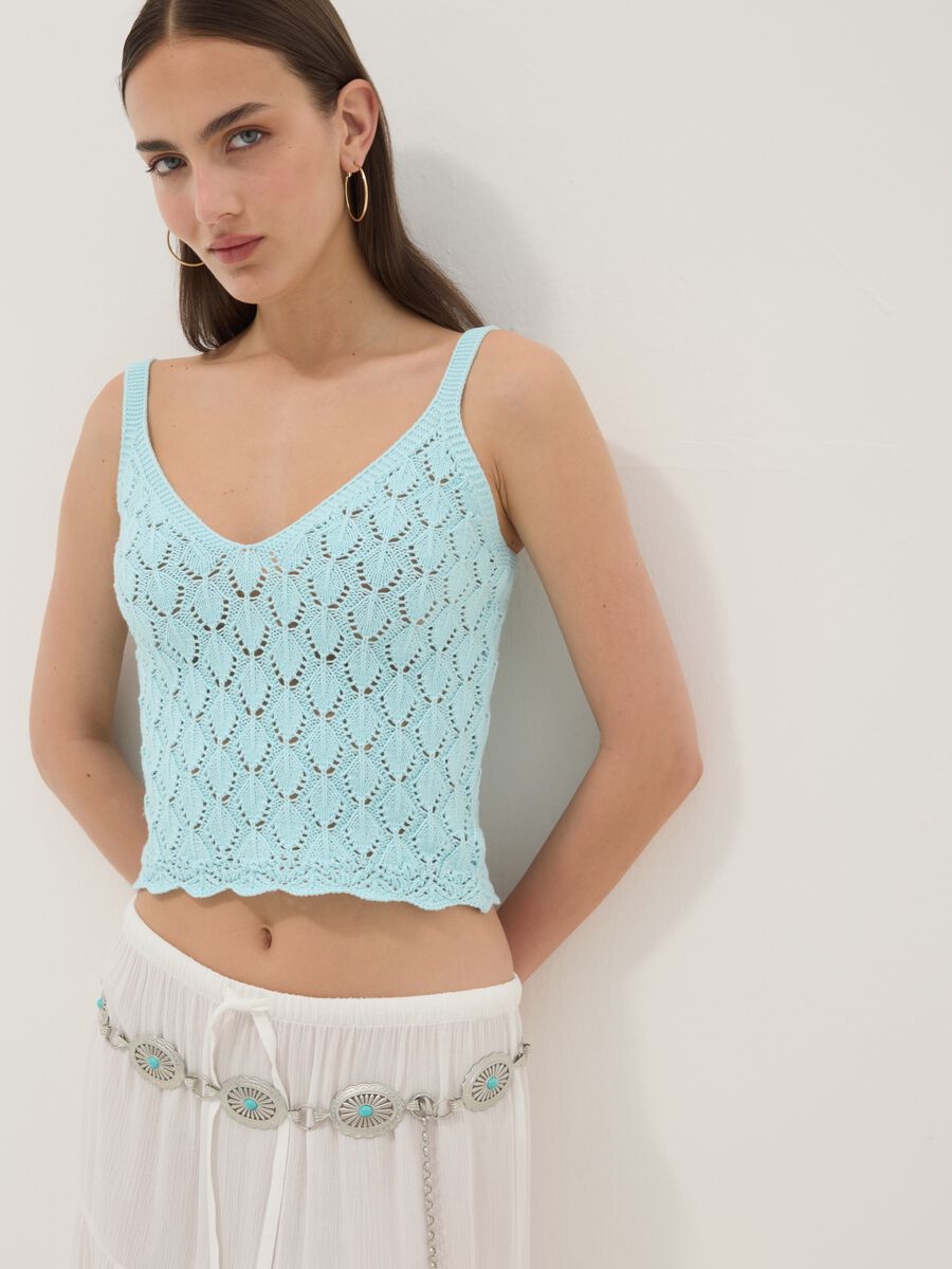 Sky-blue pure cotton crochet waistcoat, regular fit_3