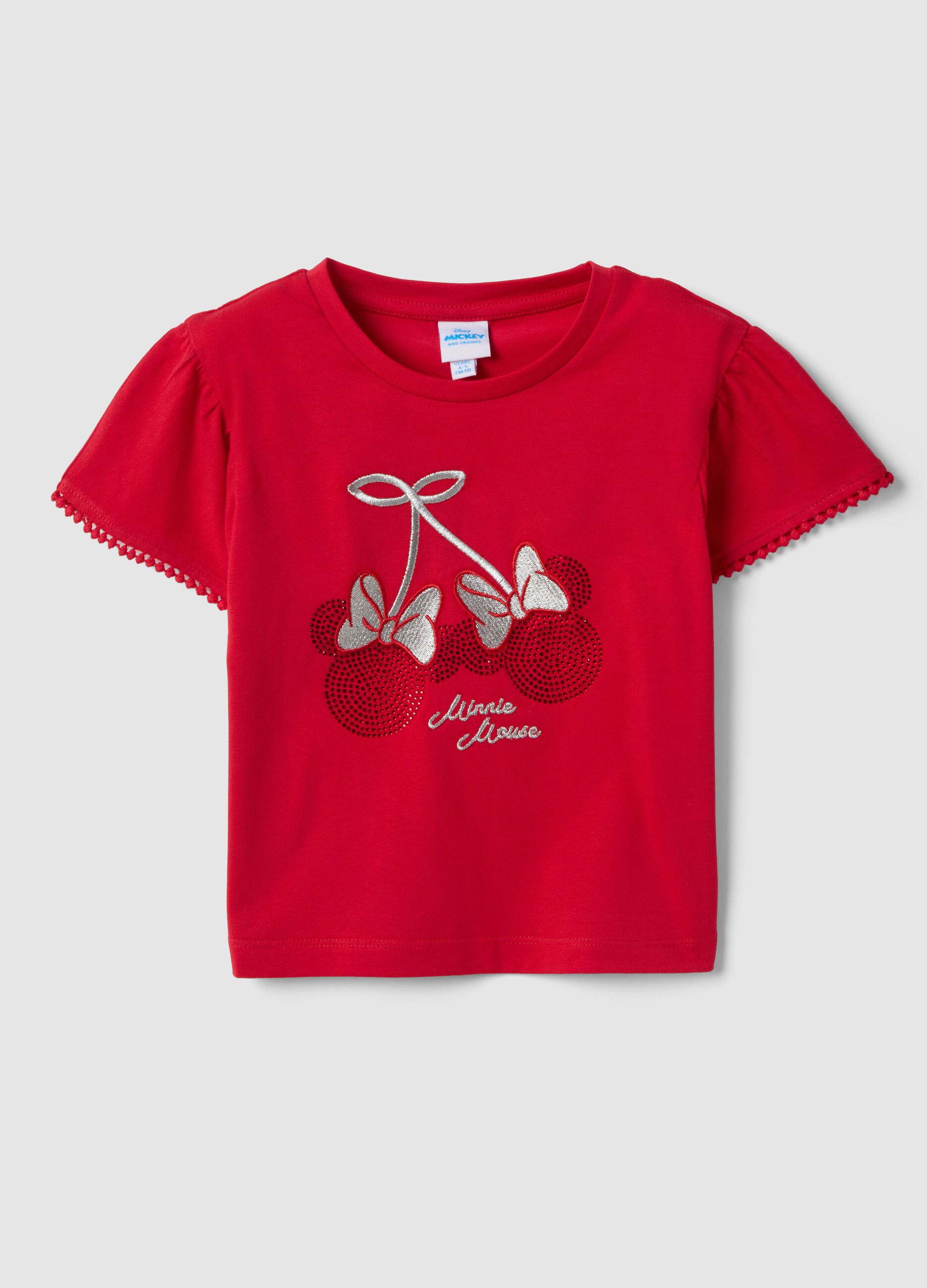 Red Stretch Cotton Children's T-shirt with Minnie Mouse Decoration