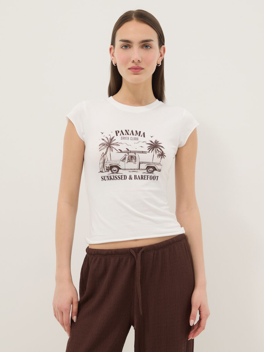 White fitted stretch-cotton T-shirt with print_1