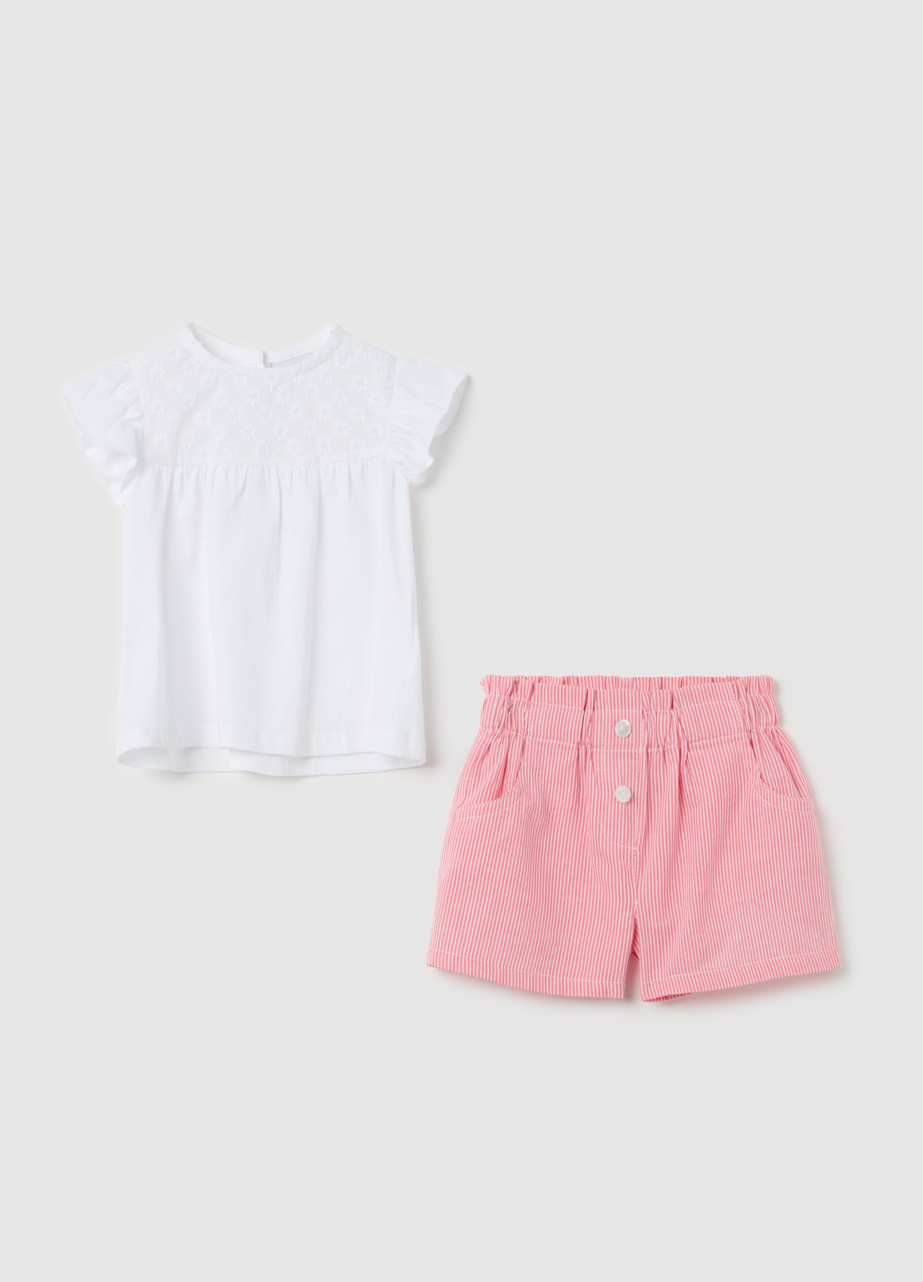 Cotton set with striped pattern and flowers embroidery