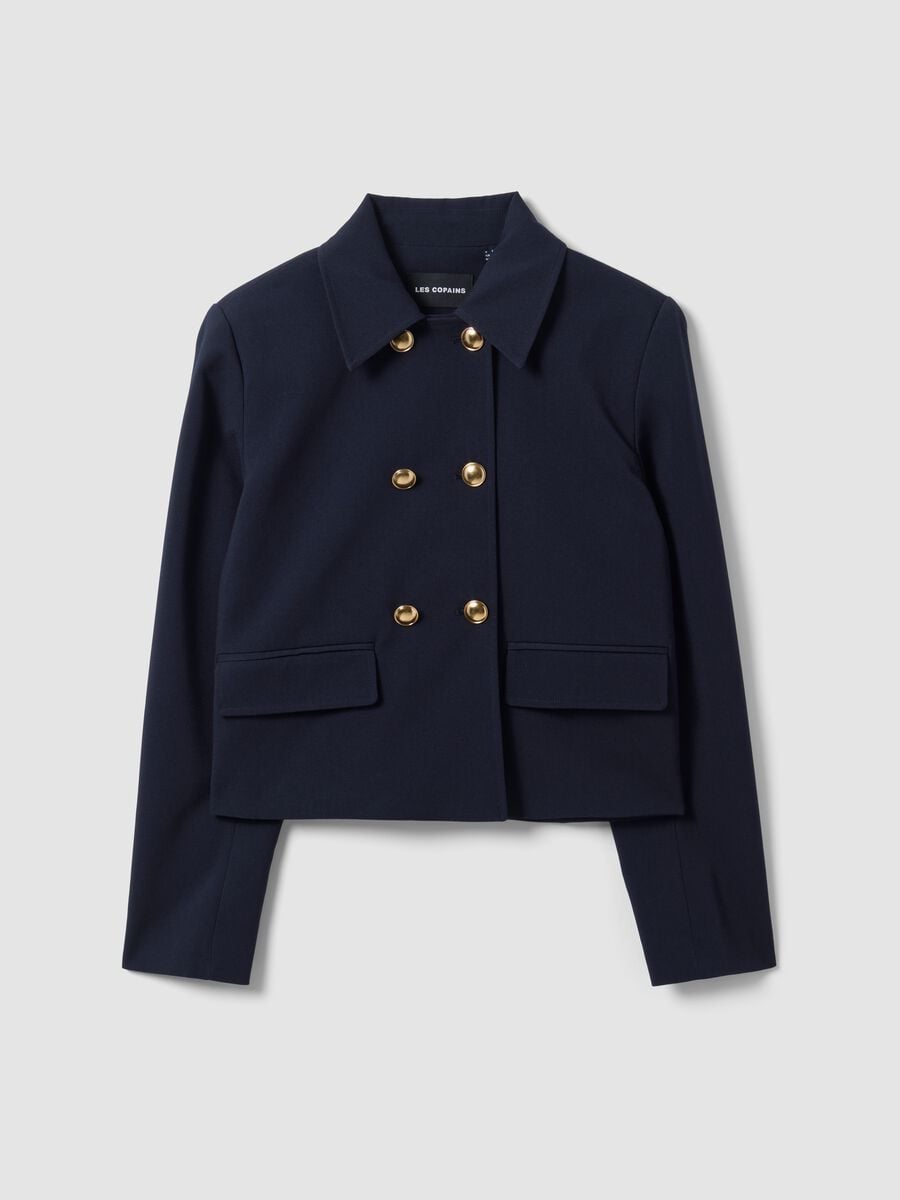 Blazer a doppio petto blu in viscosa elasticizzata con bottoni dorati_0