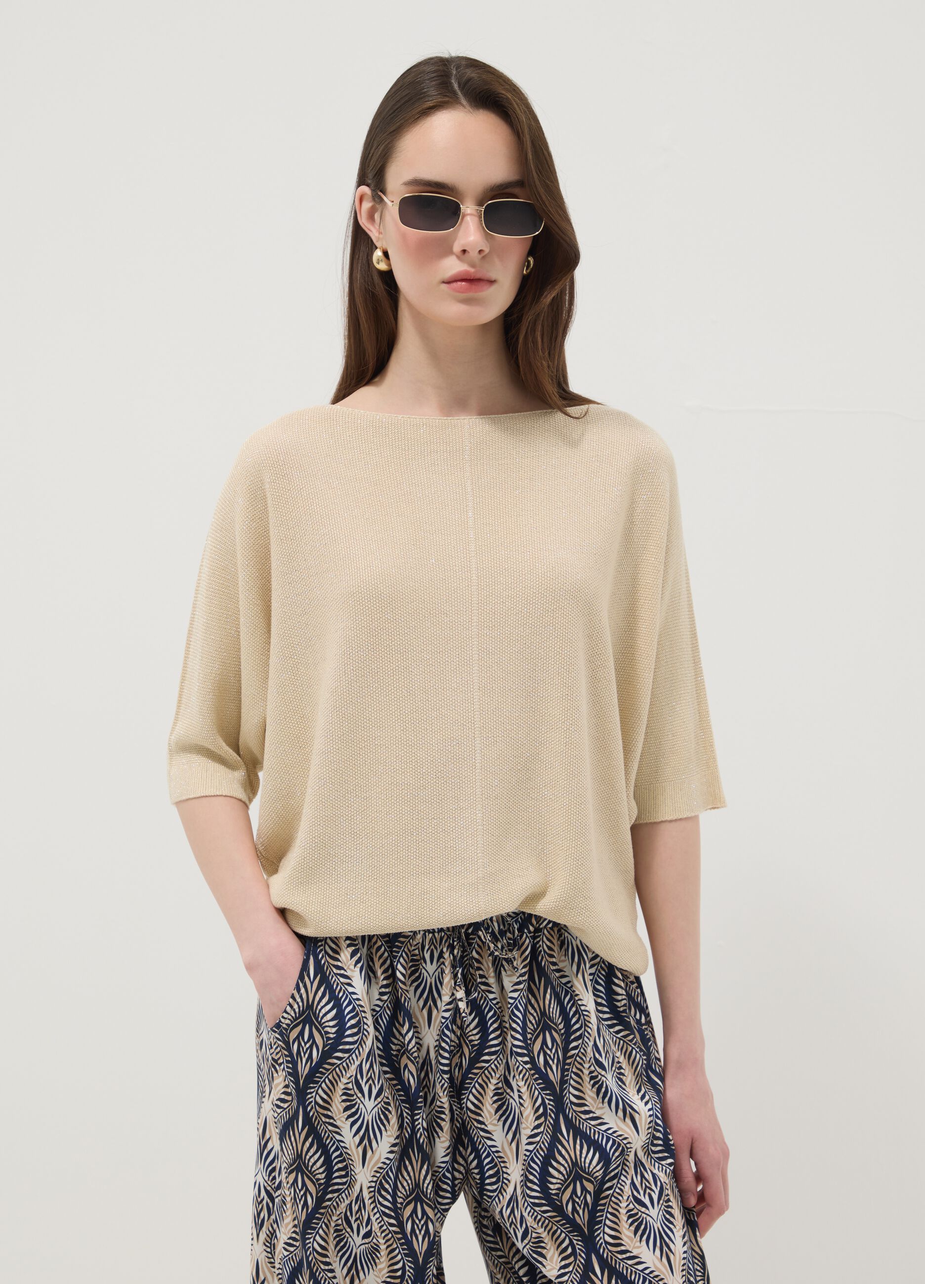 Beige viscose-blend regular-fit T-shirt