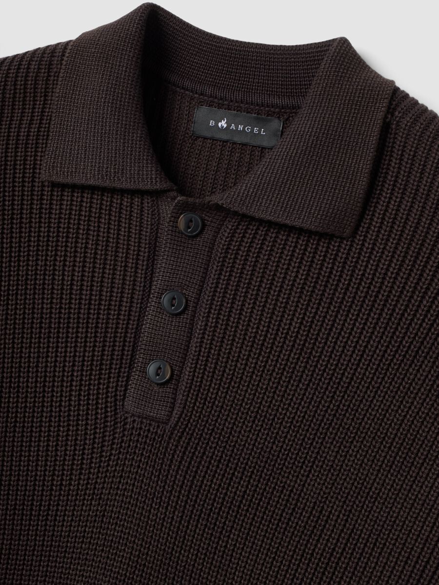 Maglia marrone in puro cotone con colletto polo over fit_1