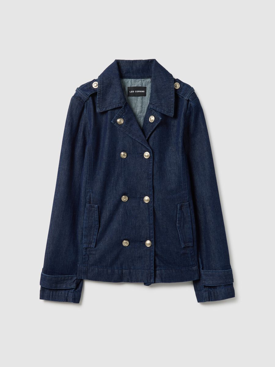 Blue denim pure cotton regular fit jacket with gold buttons_0