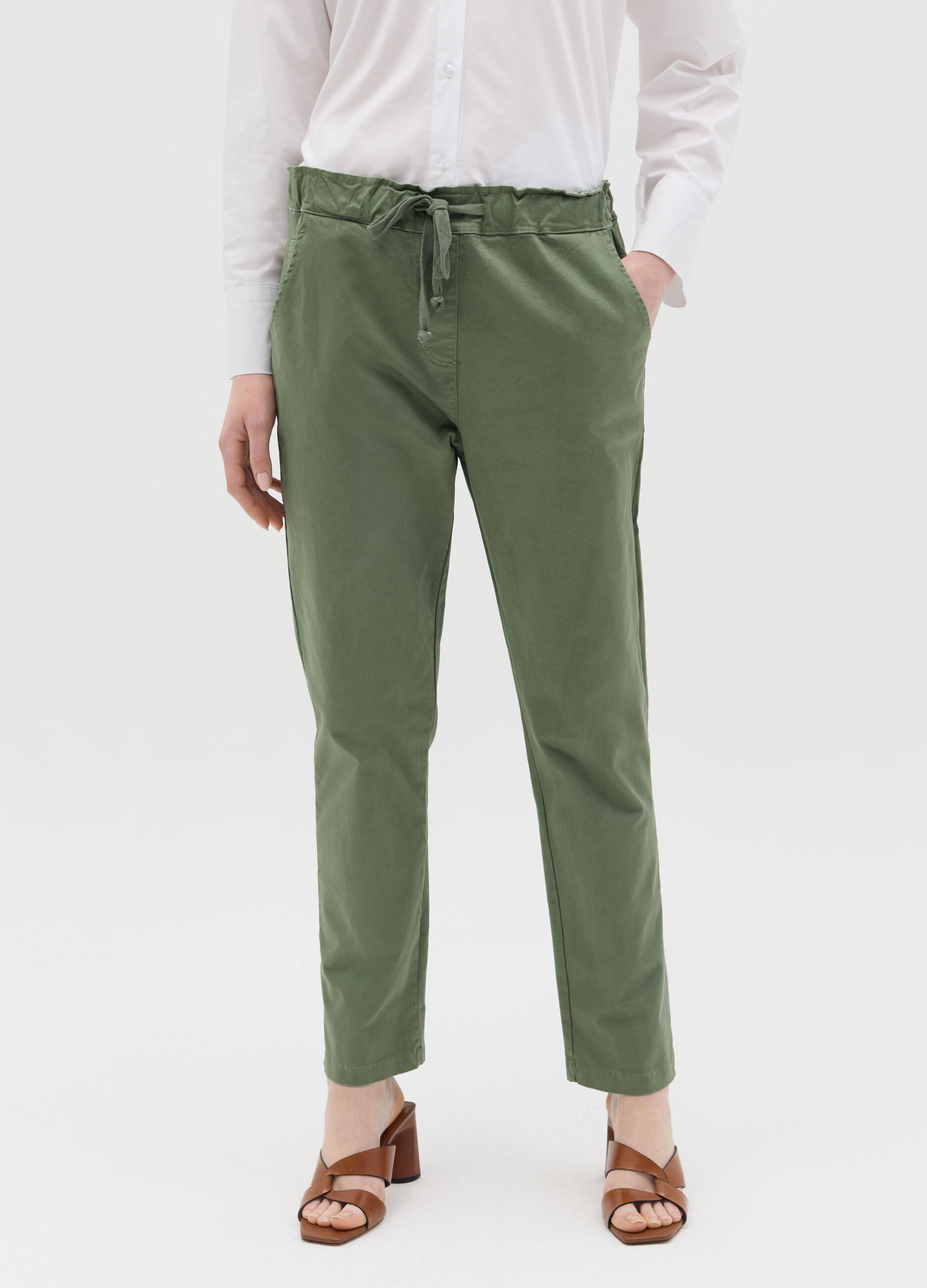 Green stretch cotton trousers with drawstring