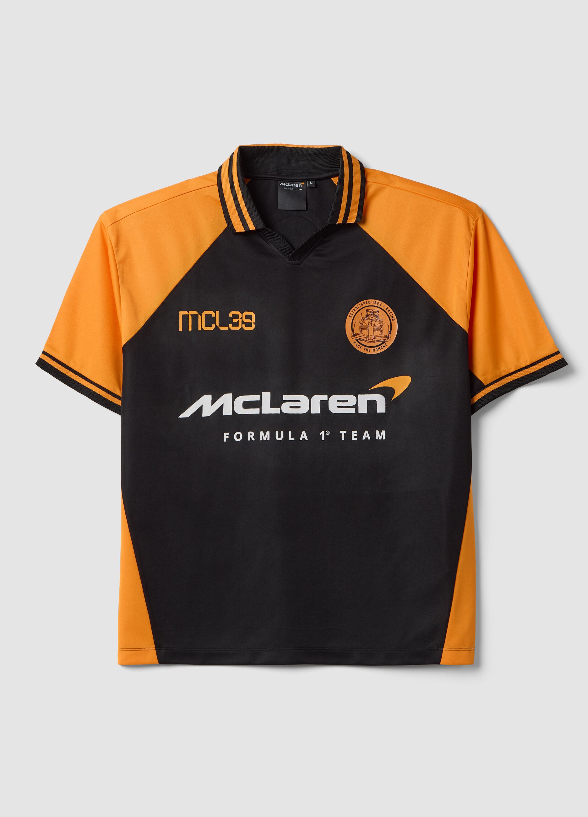 Black and orange oversized McLaren logo polo shirt