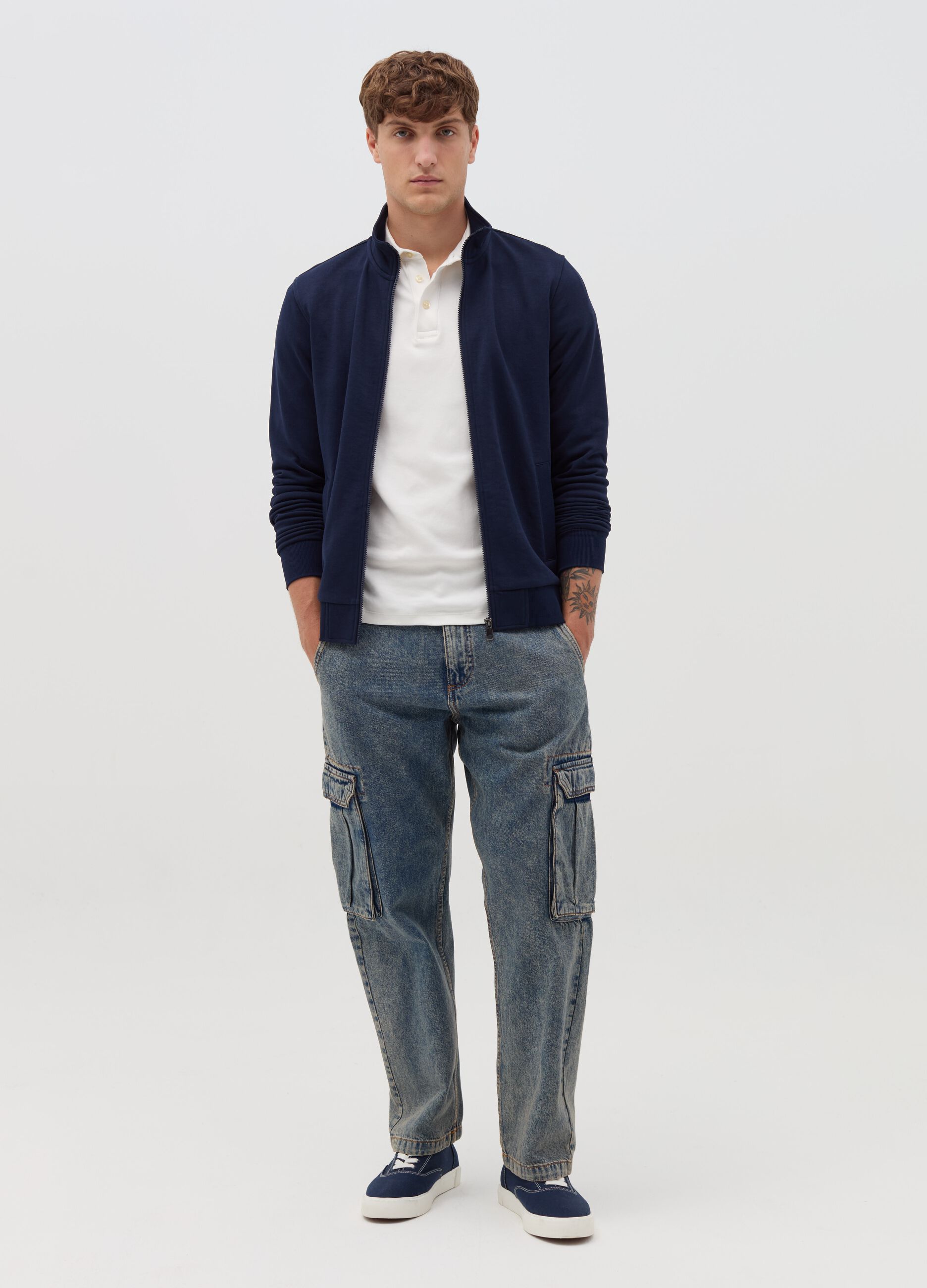 Full-zip sweatshirt in French terry with high neck