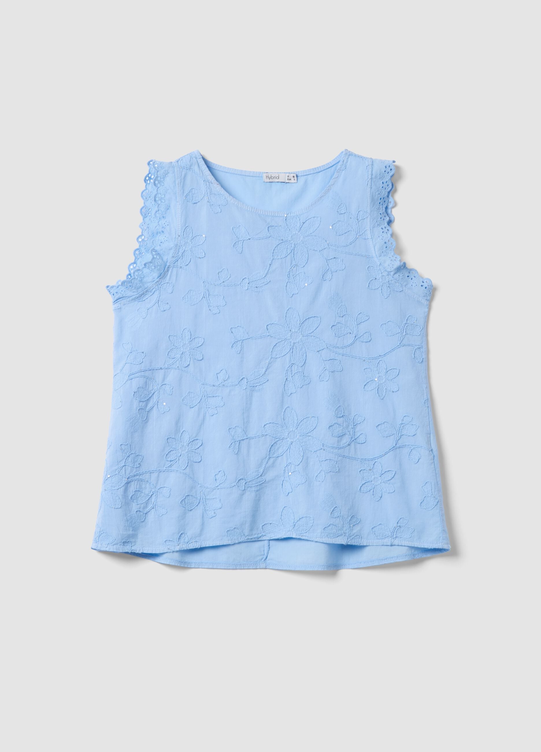 Sky-Blue Pure Cotton Blouse with Floral Embroidery, Regular Fit