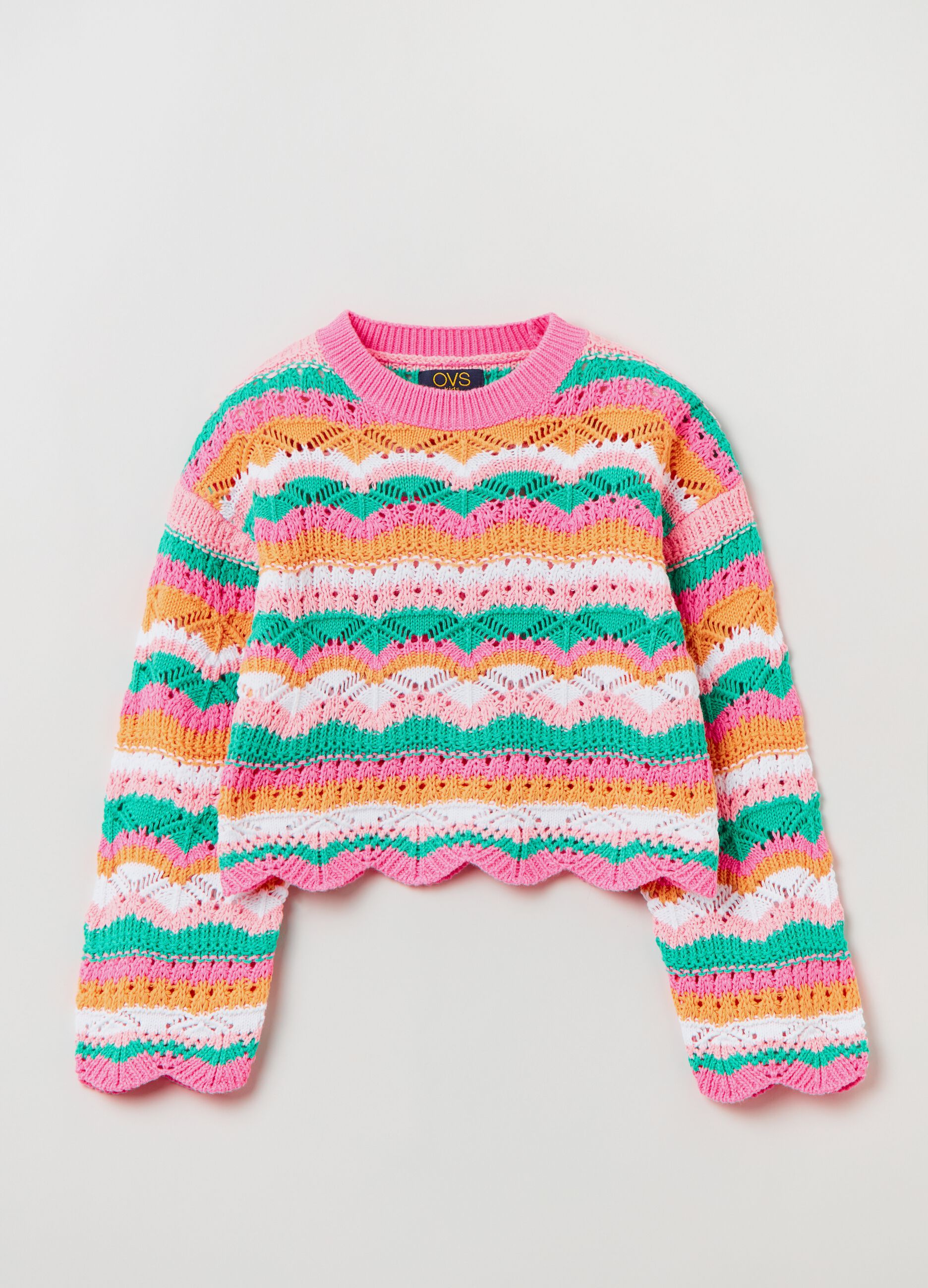 Striped crochet cotton pullover