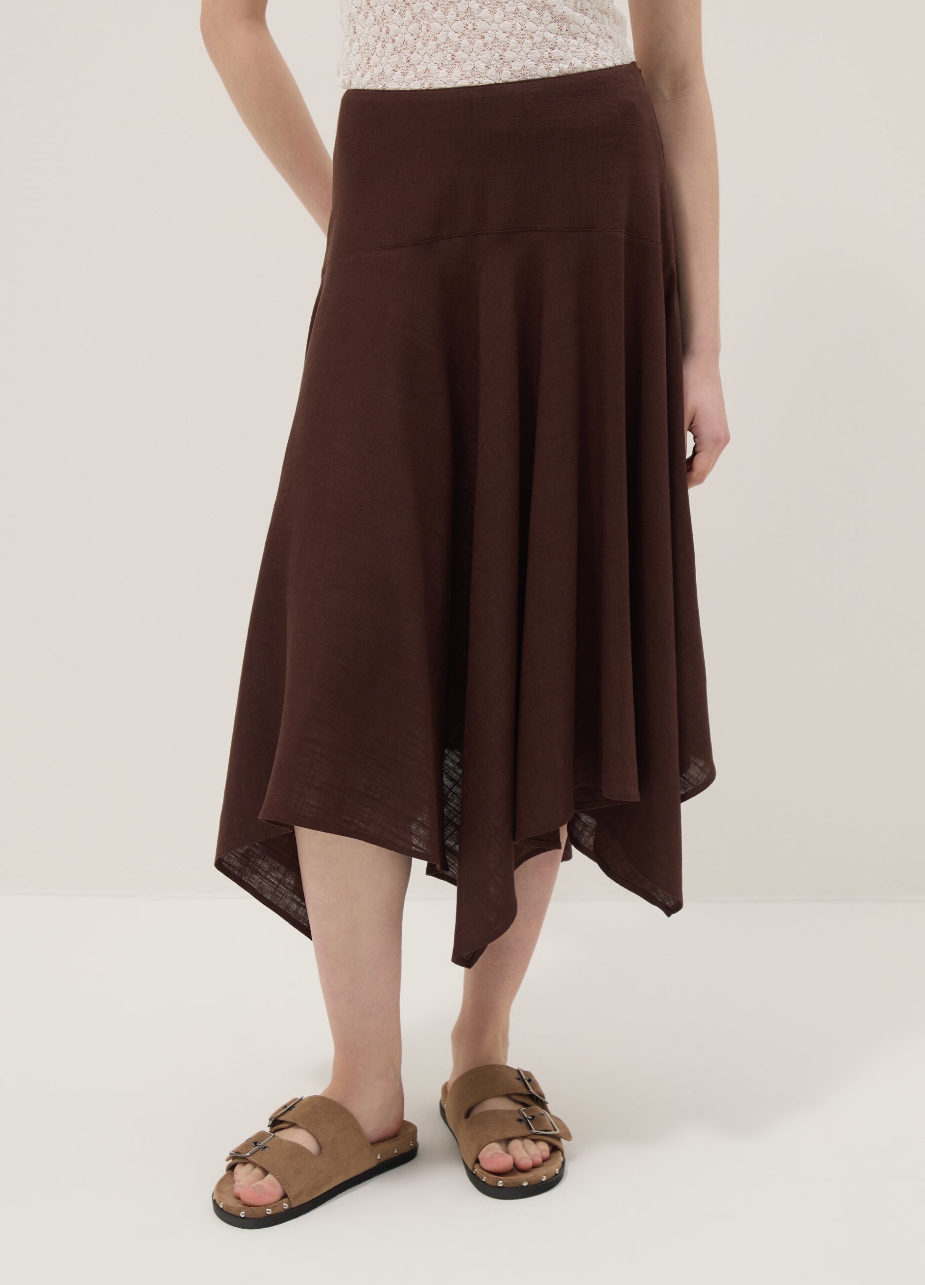 Flowing long brown viscose-linen blend skirt