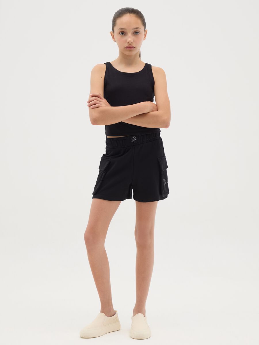 Black Cotton Cargo Shorts for Girls_0