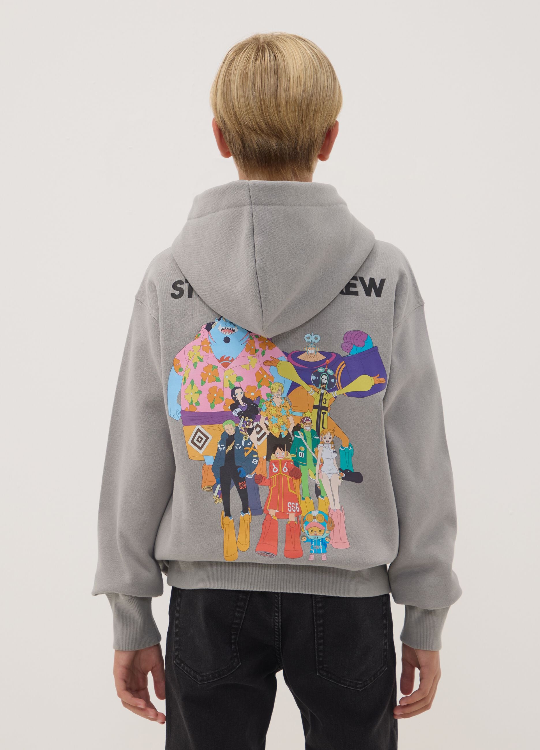 Grey hooded sweatshirt in cotton blend with One Piece print, oversized fit