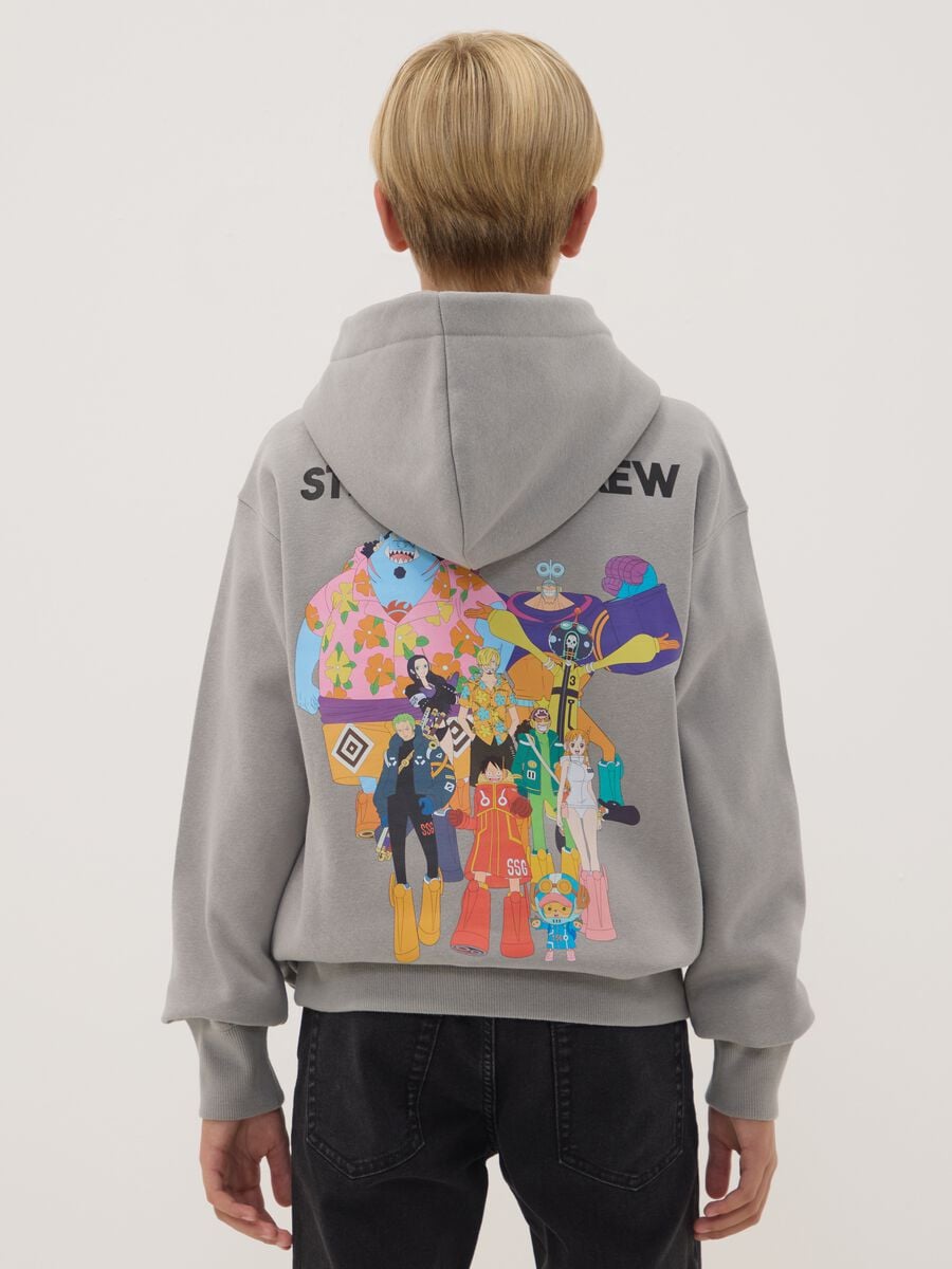 Grey hooded sweatshirt in cotton blend with One Piece print, oversized fit_1