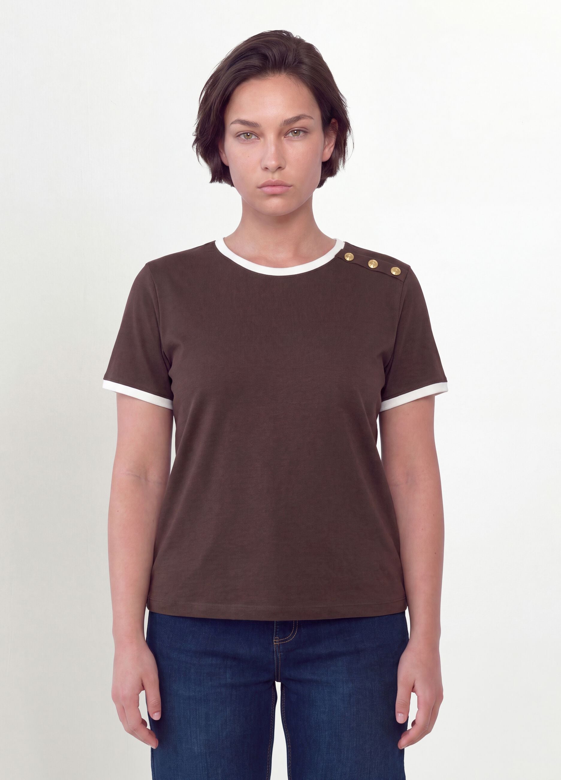 Brown pure cotton T-shirt with buttons, regular fit