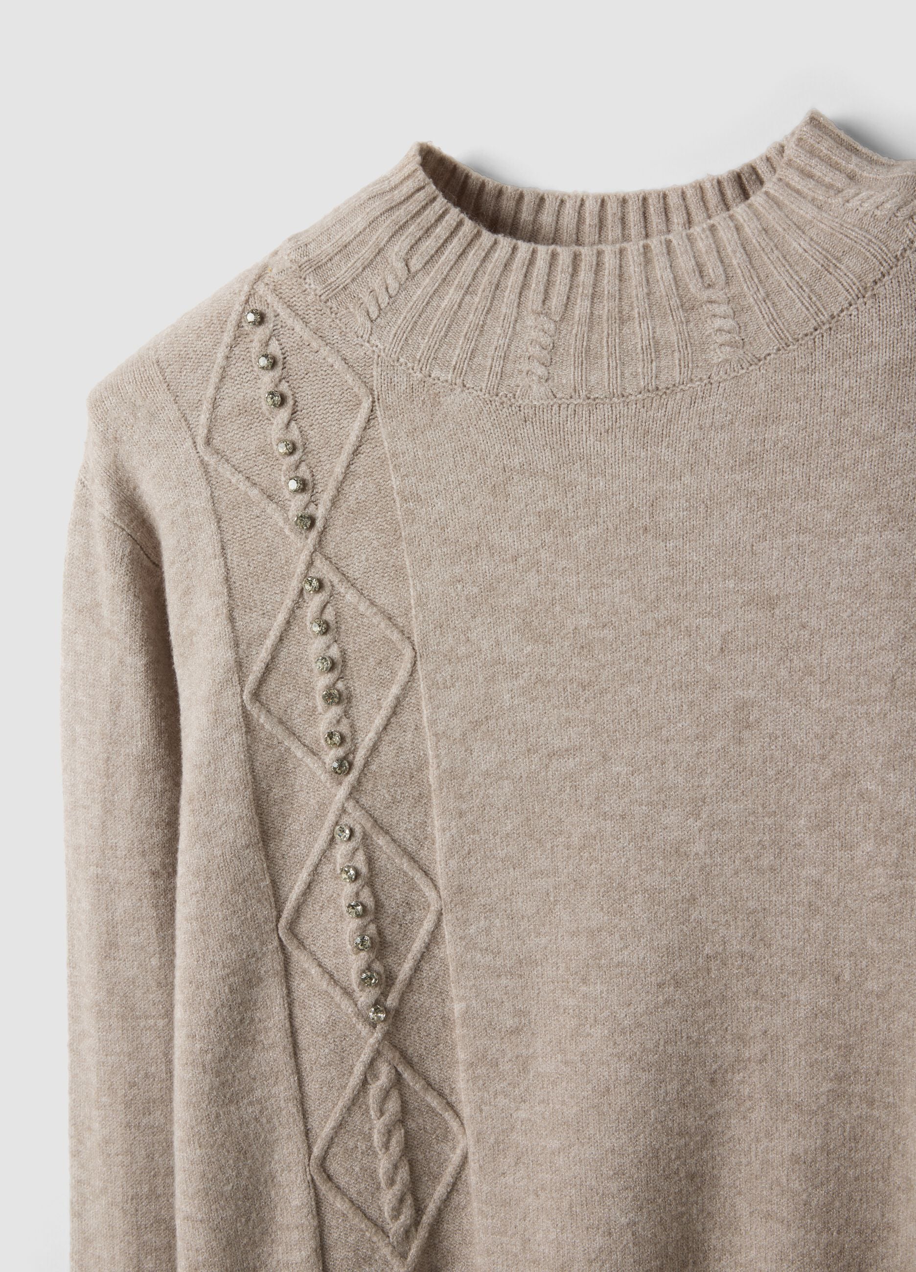 Beige viscose-blend ribbed high-neck jumper, regular fit