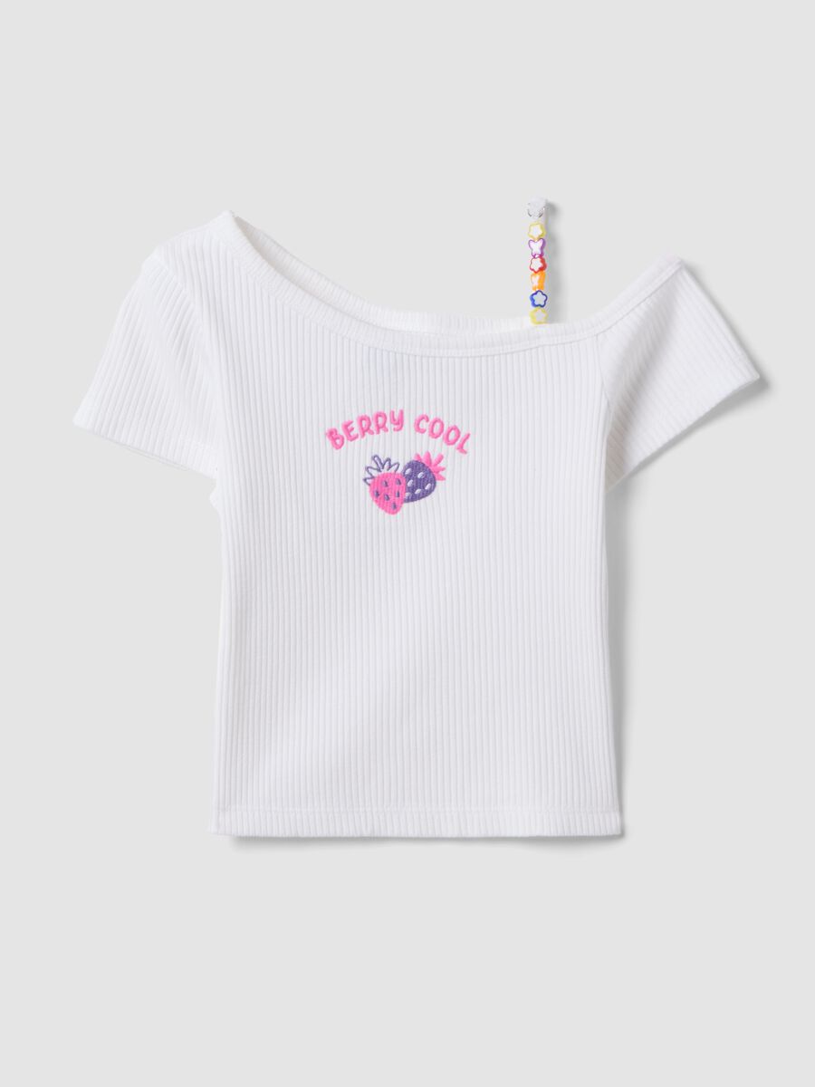 Girls&rsquo; white slim-fit striped stretch cotton T-shirt_0