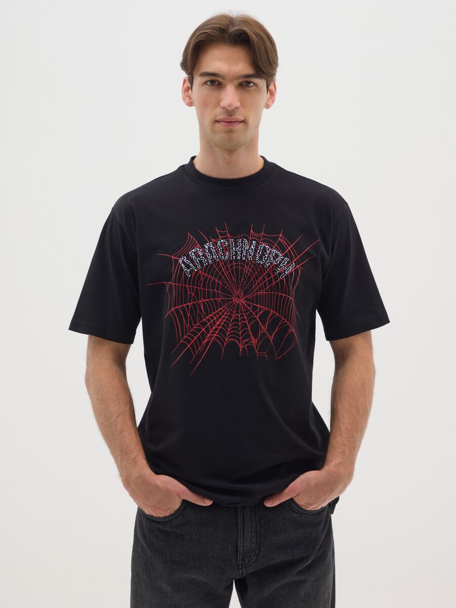 Pure black cotton t-shirt with spider print_0