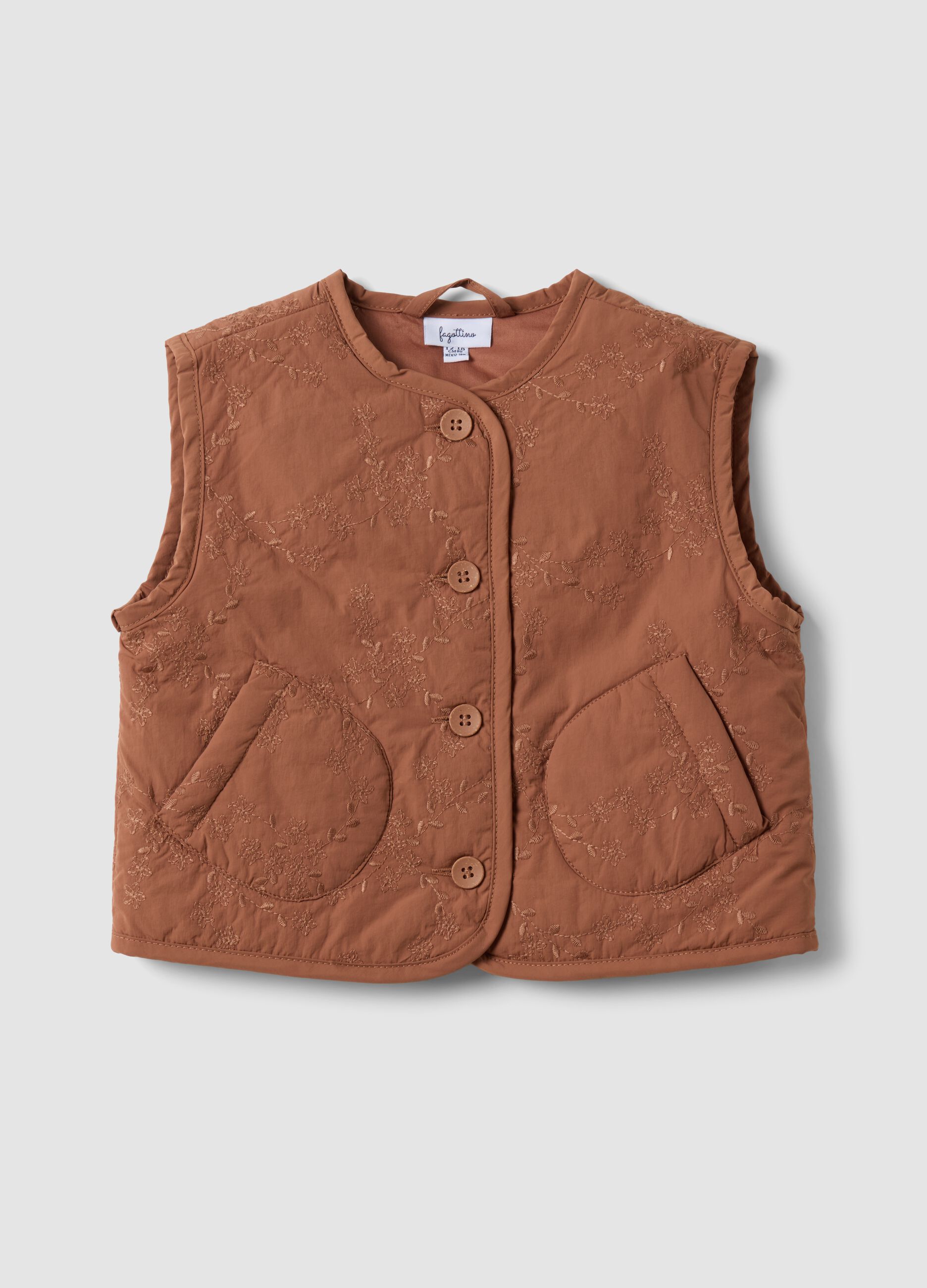 Brown padded gilet with floral embroidery