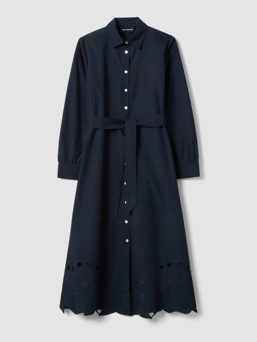Abito lungo blu in puro cotone regular fit con ricami_4