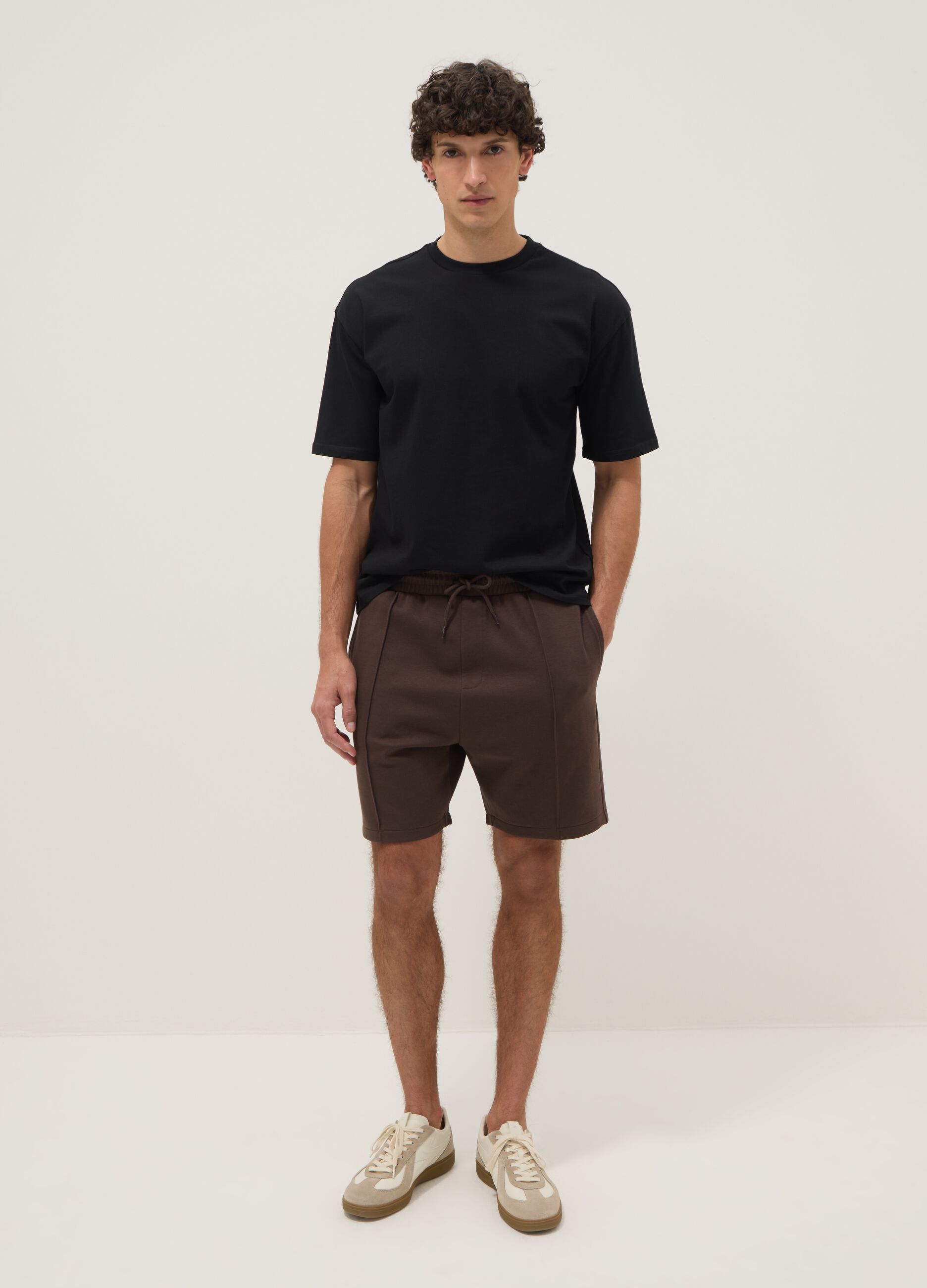 Brown cotton-blend regular-fit shorts with drawstring