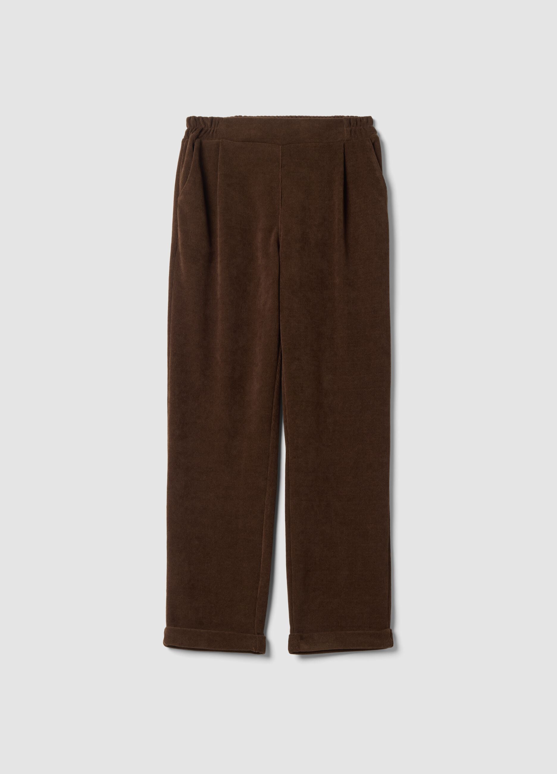 Dark brown ribbed stretch-fabric regular-fit trousers
