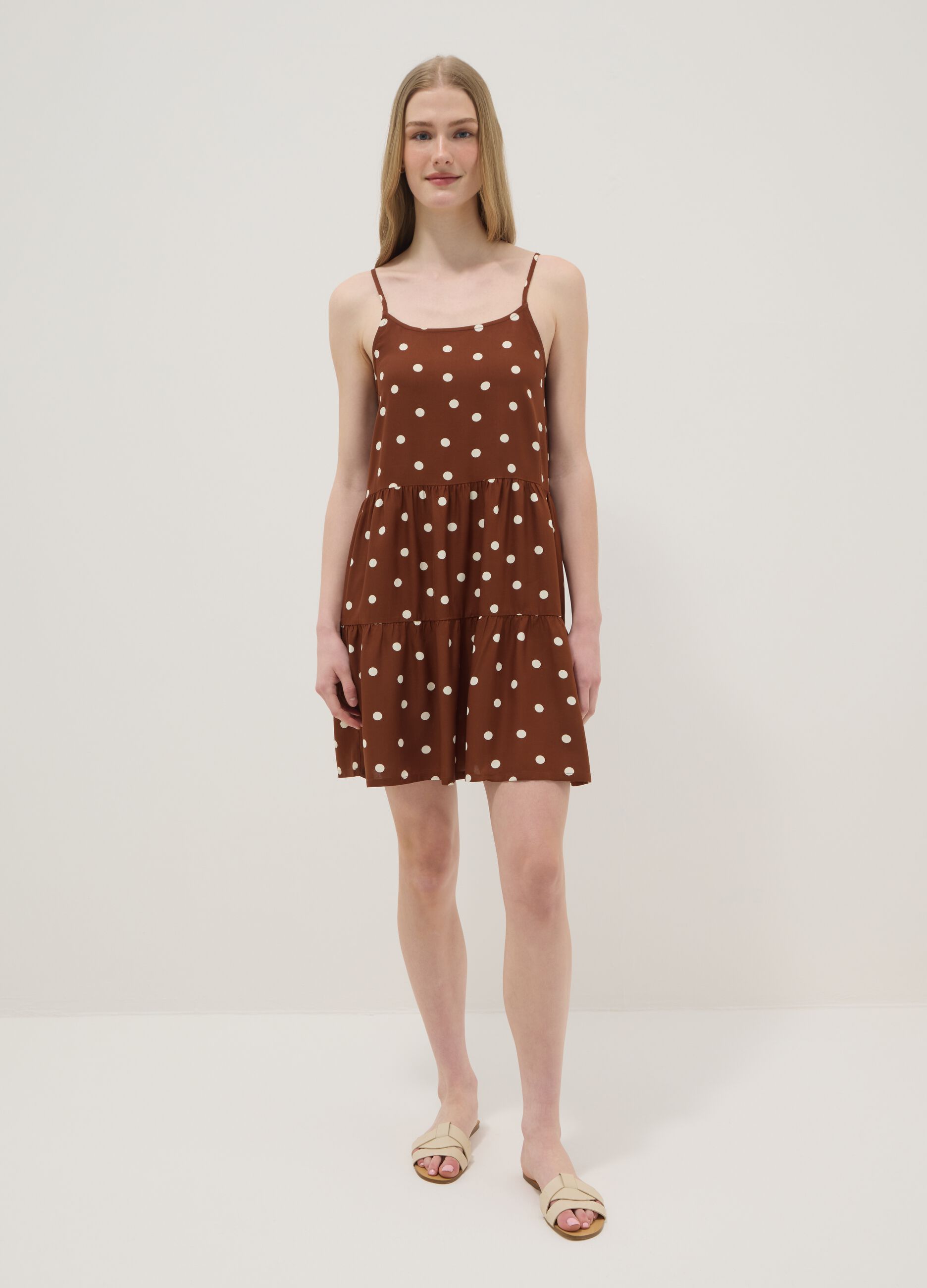 Brown polka-dot dress in pure viscose