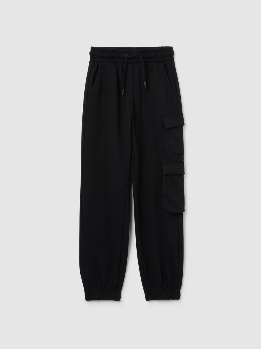 Girls' black cotton blend regular fit trousers with cargo pockets_0