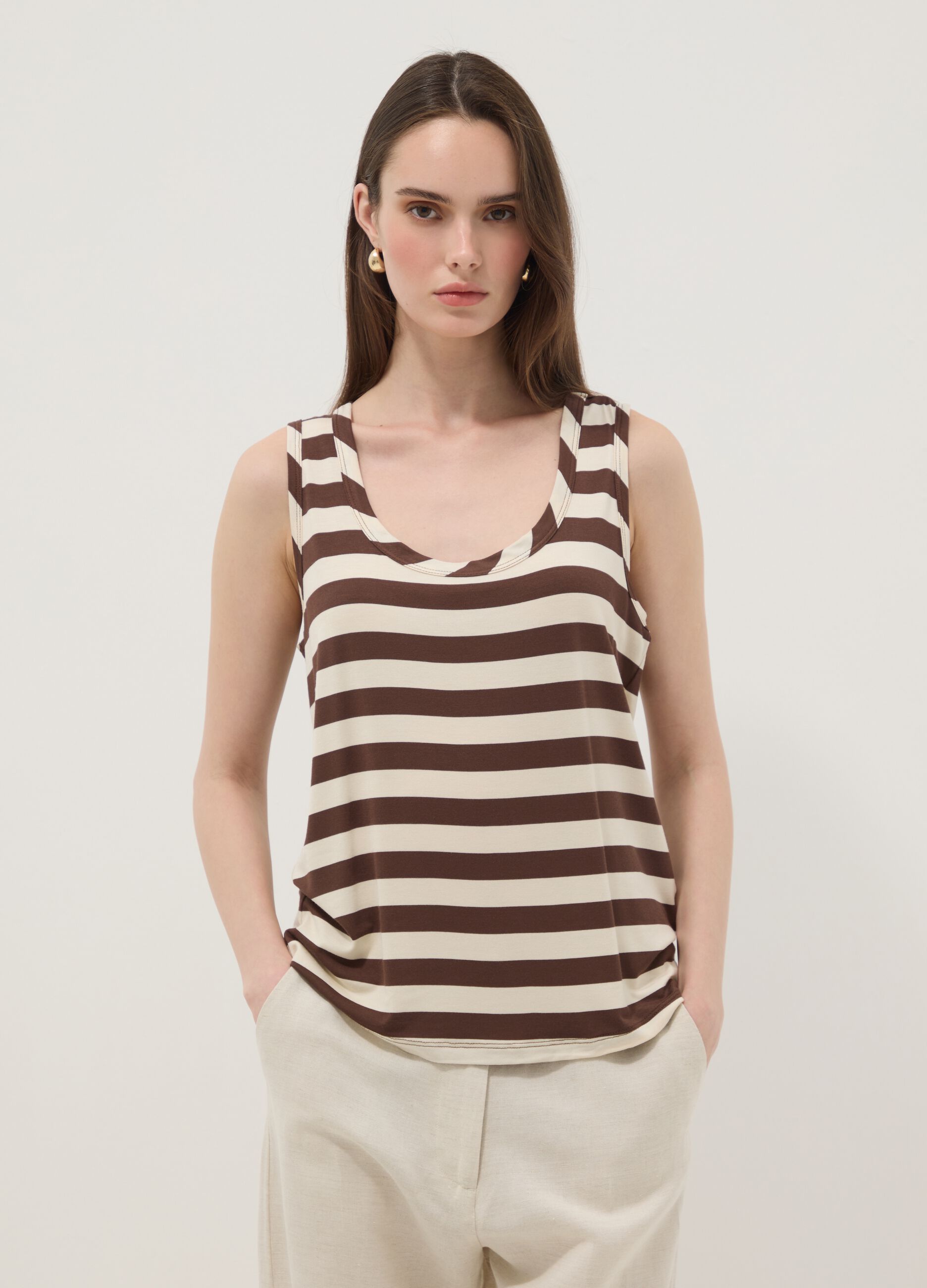 Brown striped stretch viscose tank top
