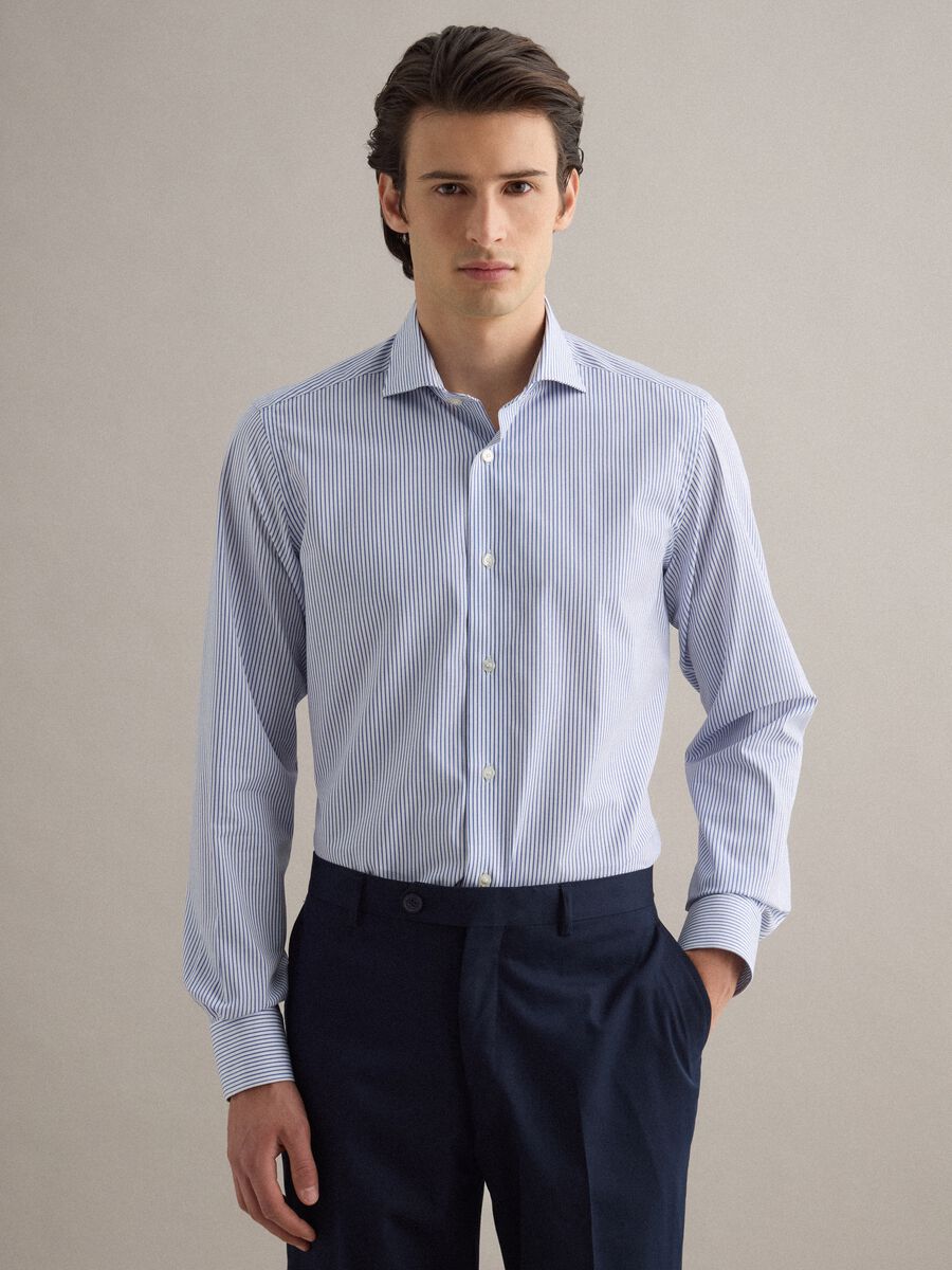 Slim fit pure cotton shirt with white and blue stripes_1