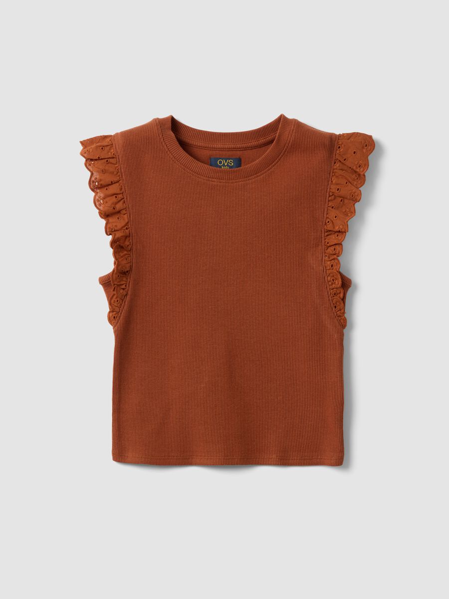 Brown stretch cotton T-shirt with ruffles_3