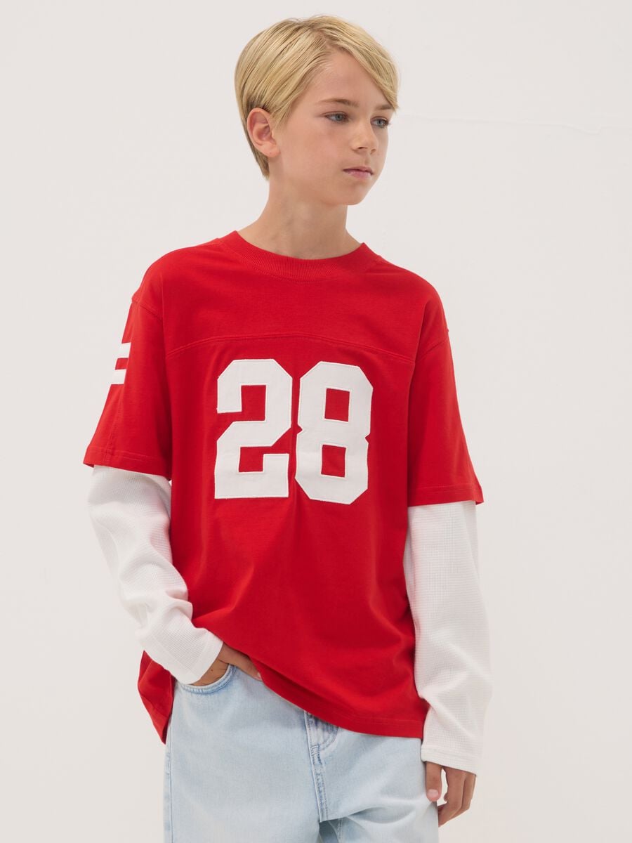 Red pure cotton crew-neck T-shirt with college print for boys_1