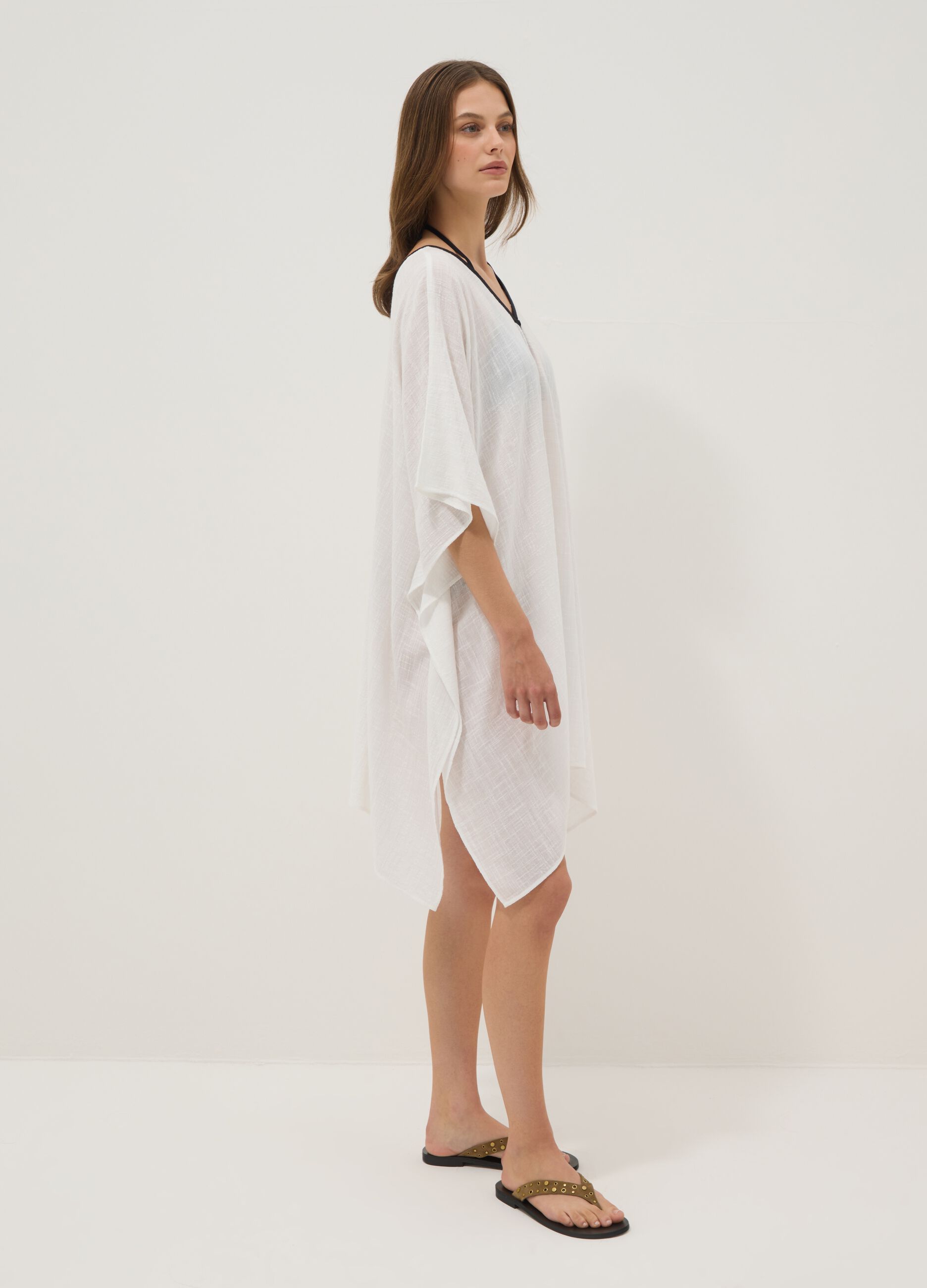 White cotton-viscose blend V-neck kaftan