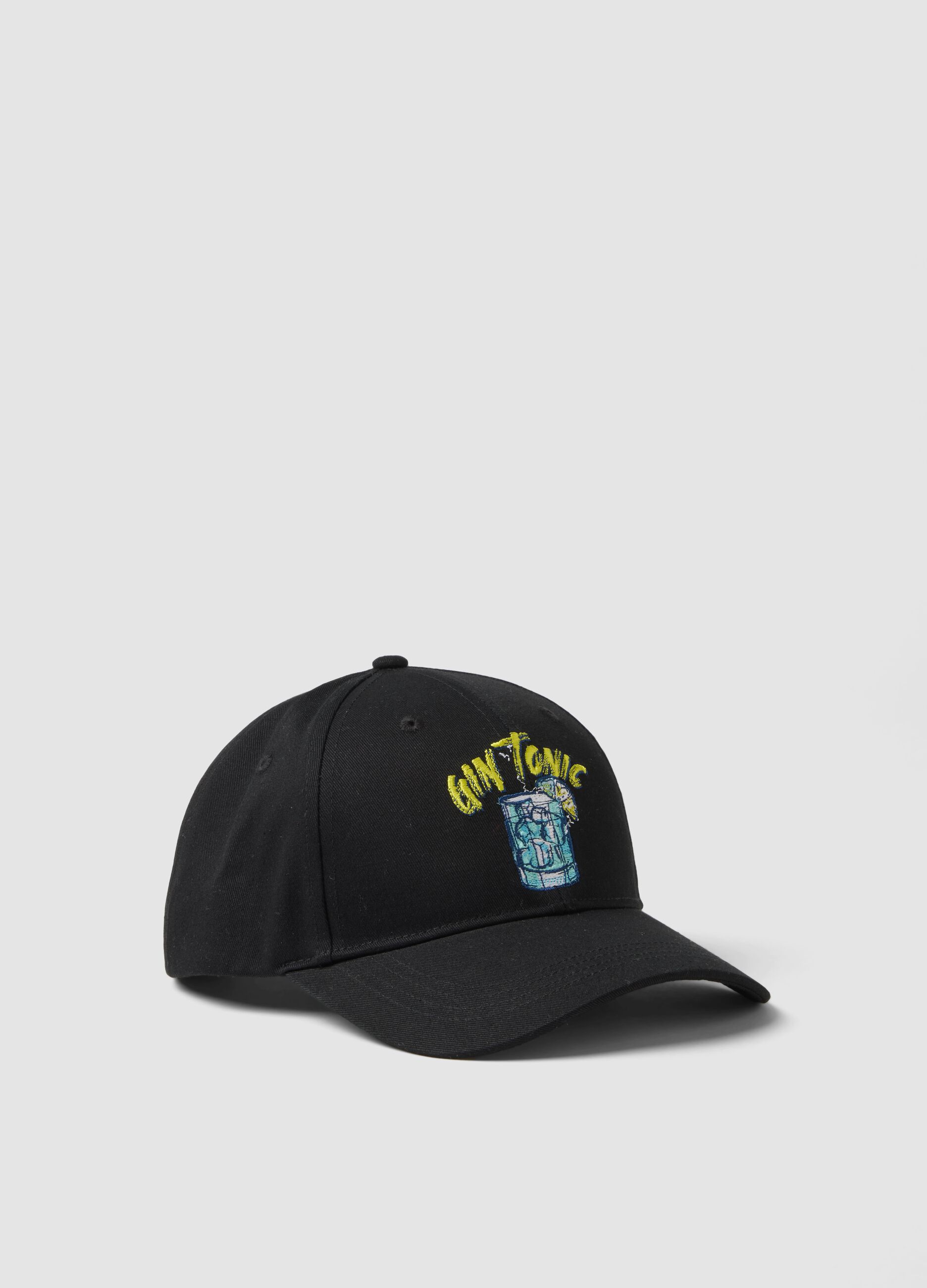 Pure Black Cotton Baseball Cap with Gin Tonic Embroidery