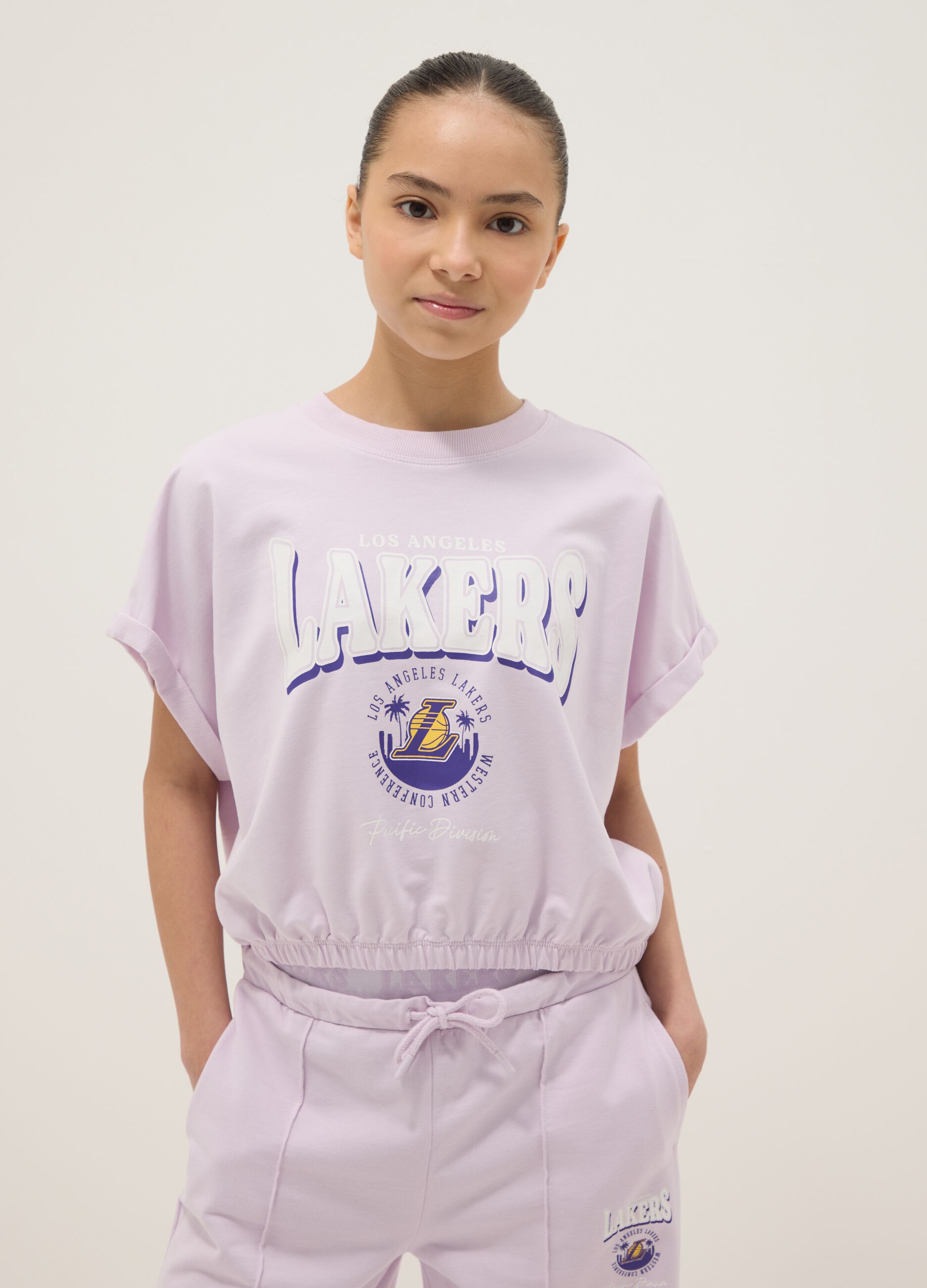 Jogging set viola in cotone elasticizzato con stampa Lakers da ragazza regular fit