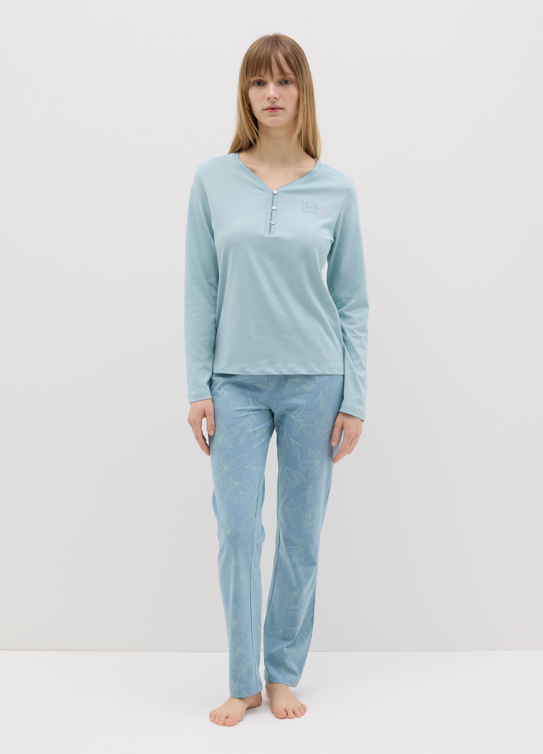 Light blue cotton pyjamas with granddad neckline and print