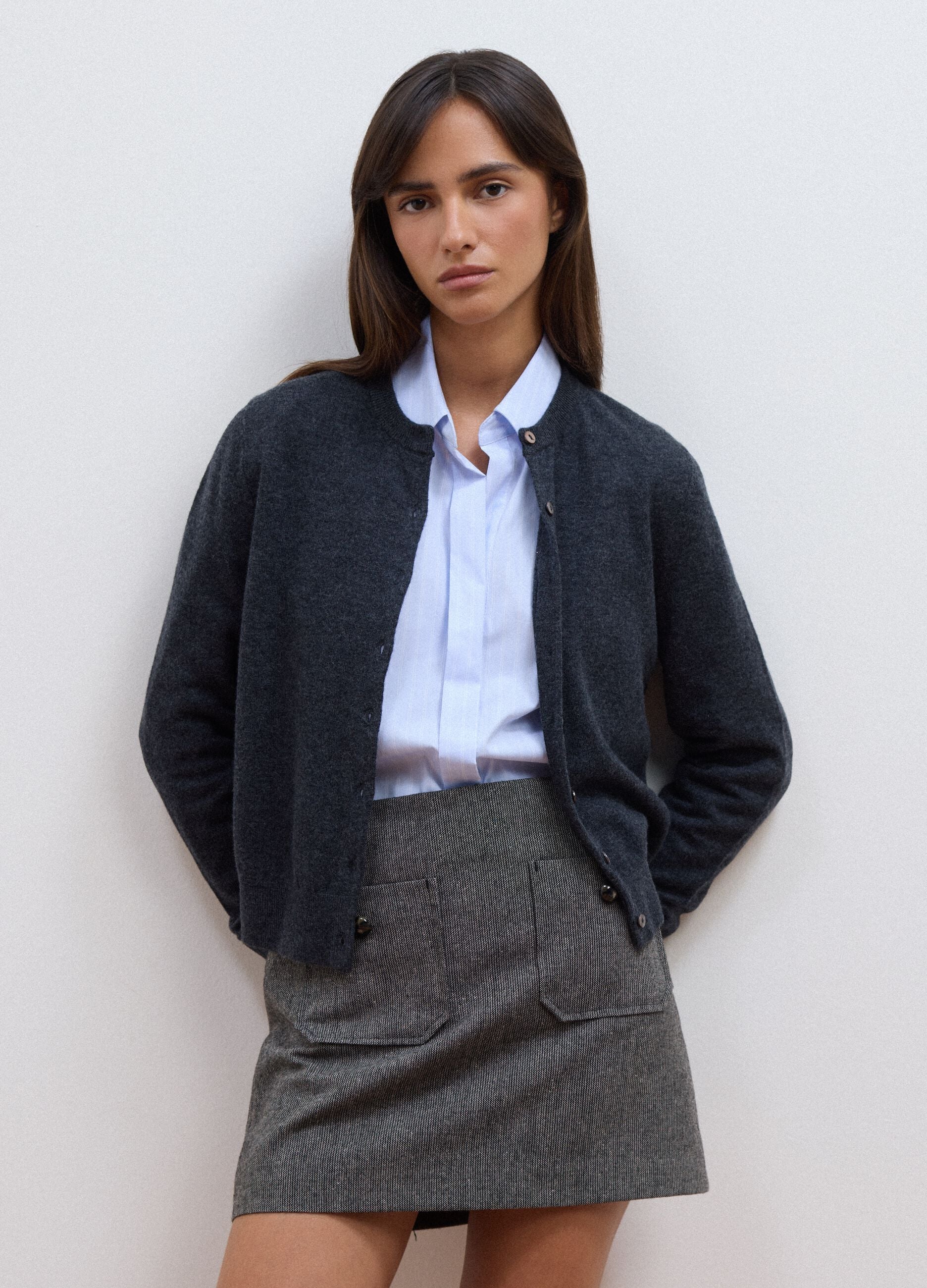 Grey pure wool crew-neck cardigan with buttons, regular fit