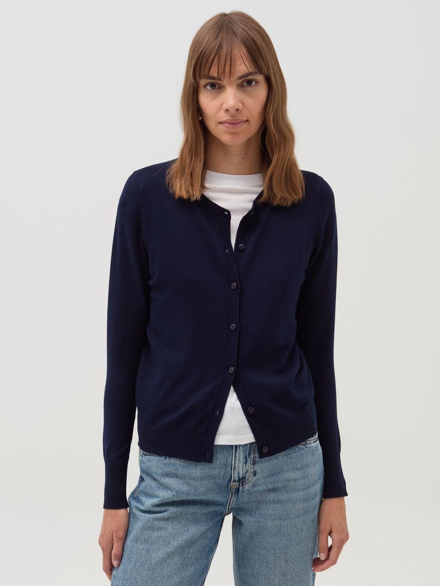 Solid colour cardigan with round neck_0