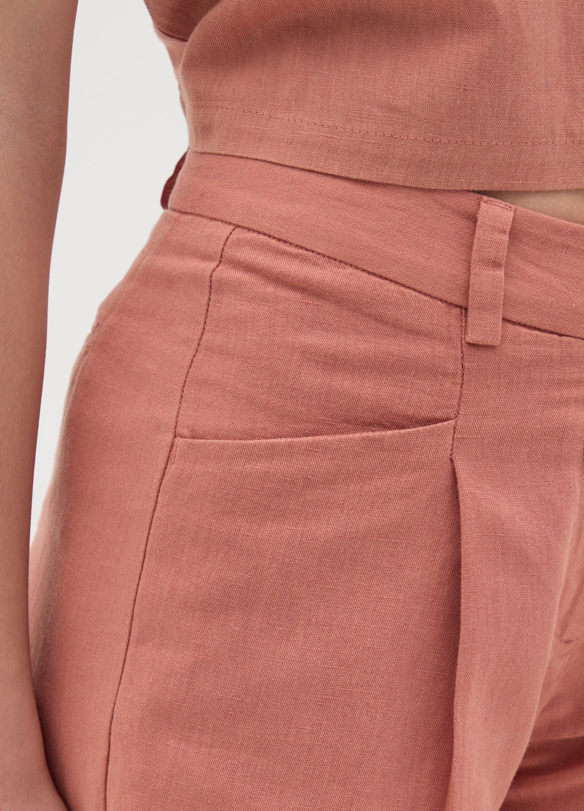 Girls' brown regular fit cotton and linen blend shorts with pockets