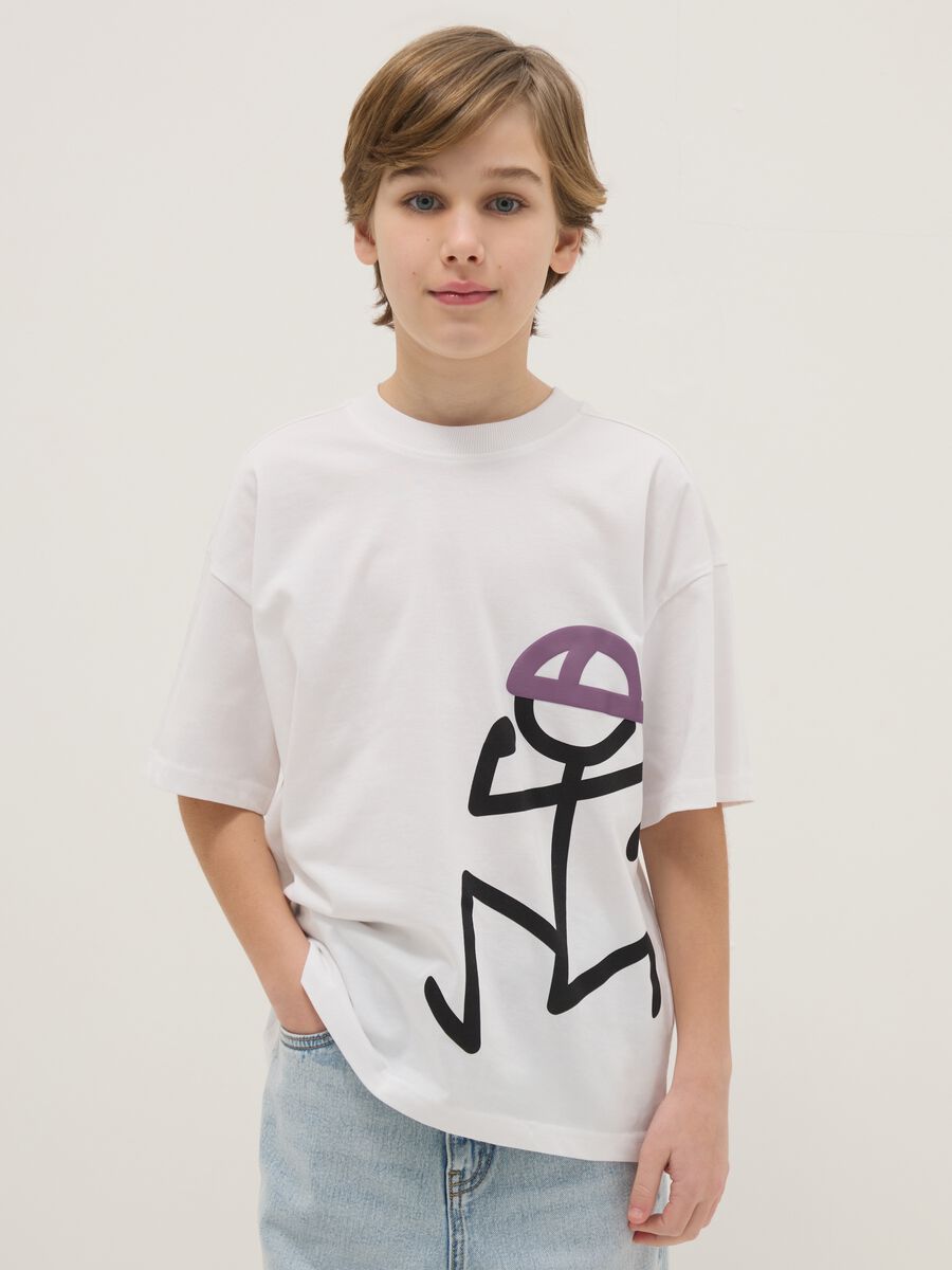Boy's white pure cotton oversized fit t-shirt with print_0