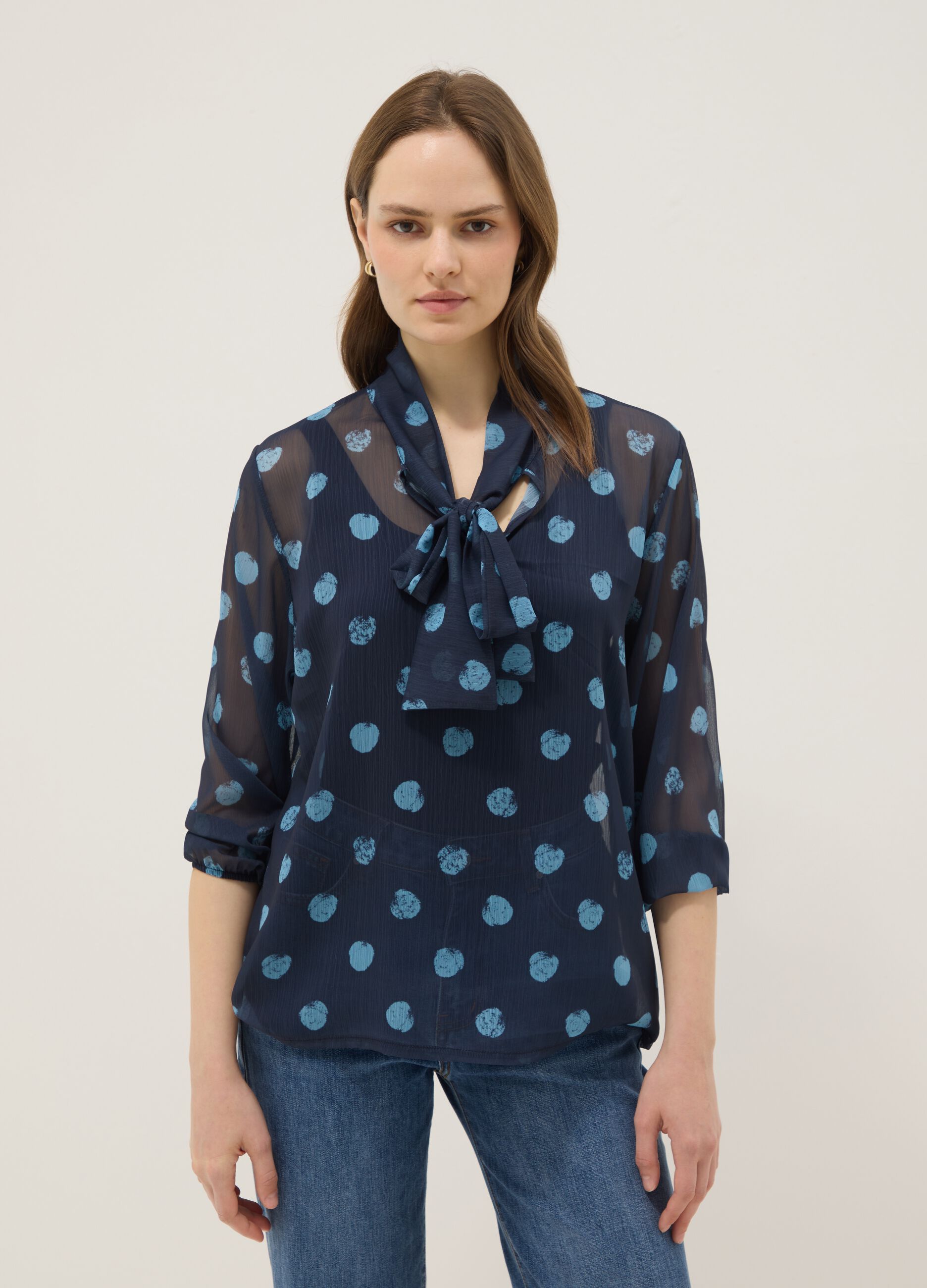 Multicolour Long Sleeve Blouse with Polka Dots, Regular Fit