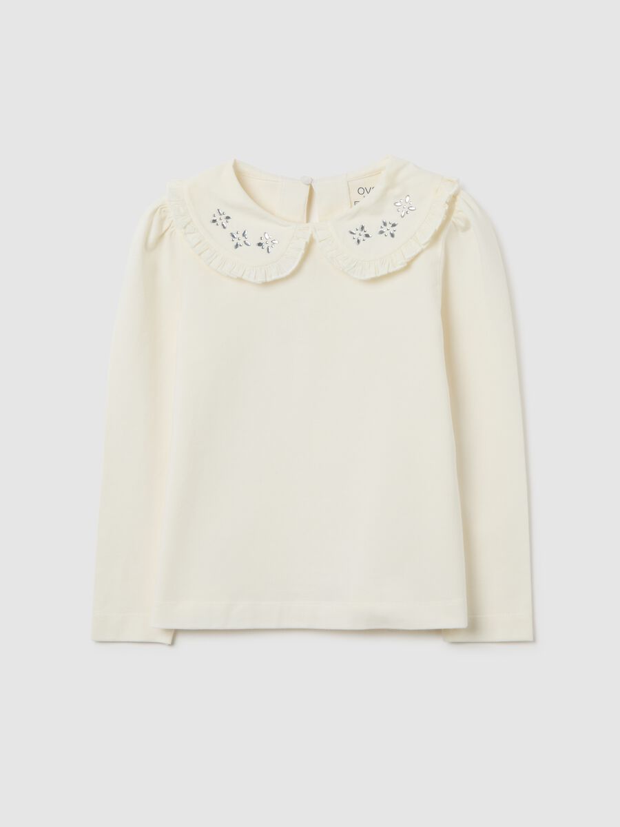 Girls' white cotton blend regular fit top with textured collar_0