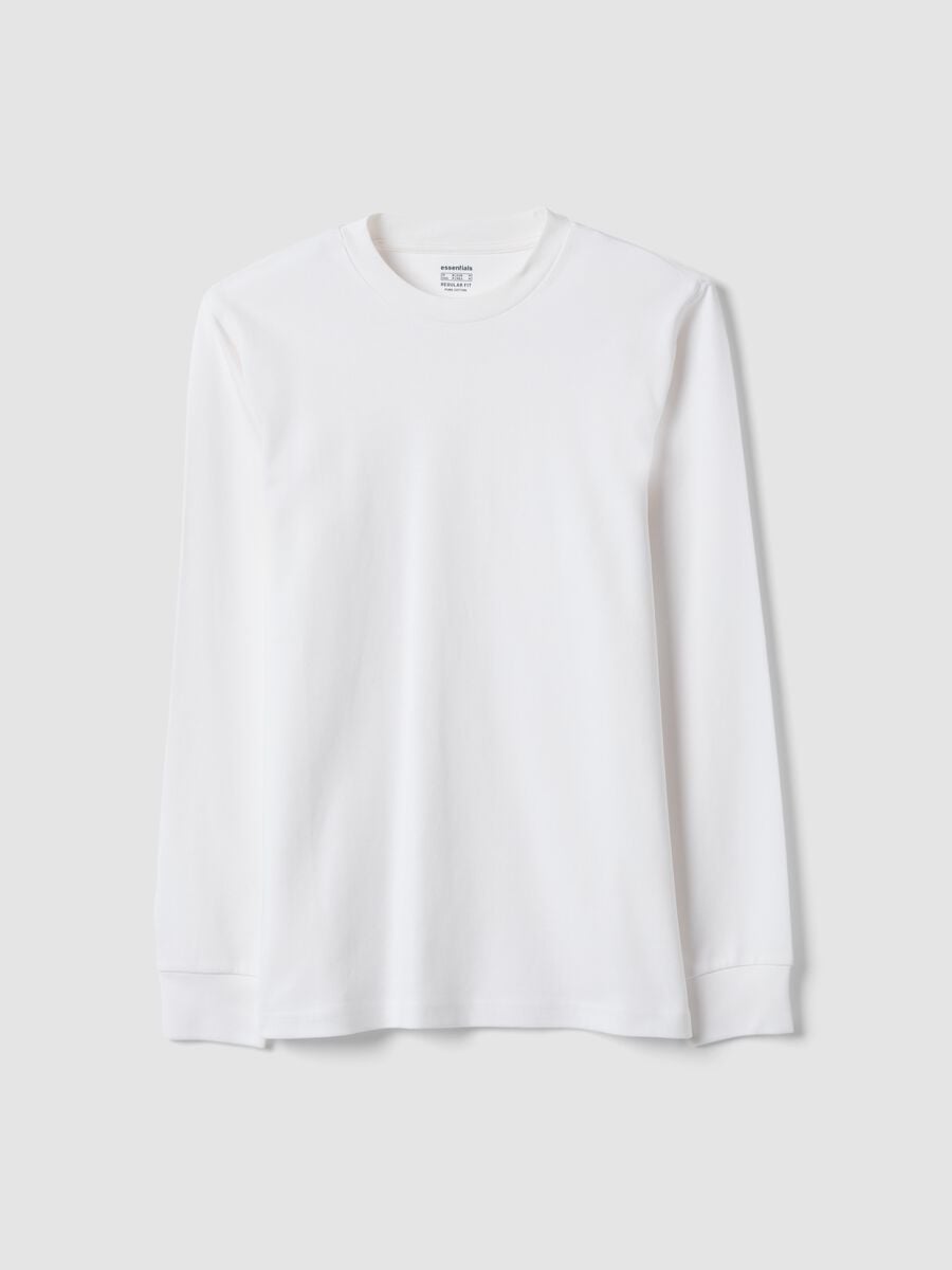 T-shirt bianca in puro cotone girocollo a maniche lunghe regular fit_0