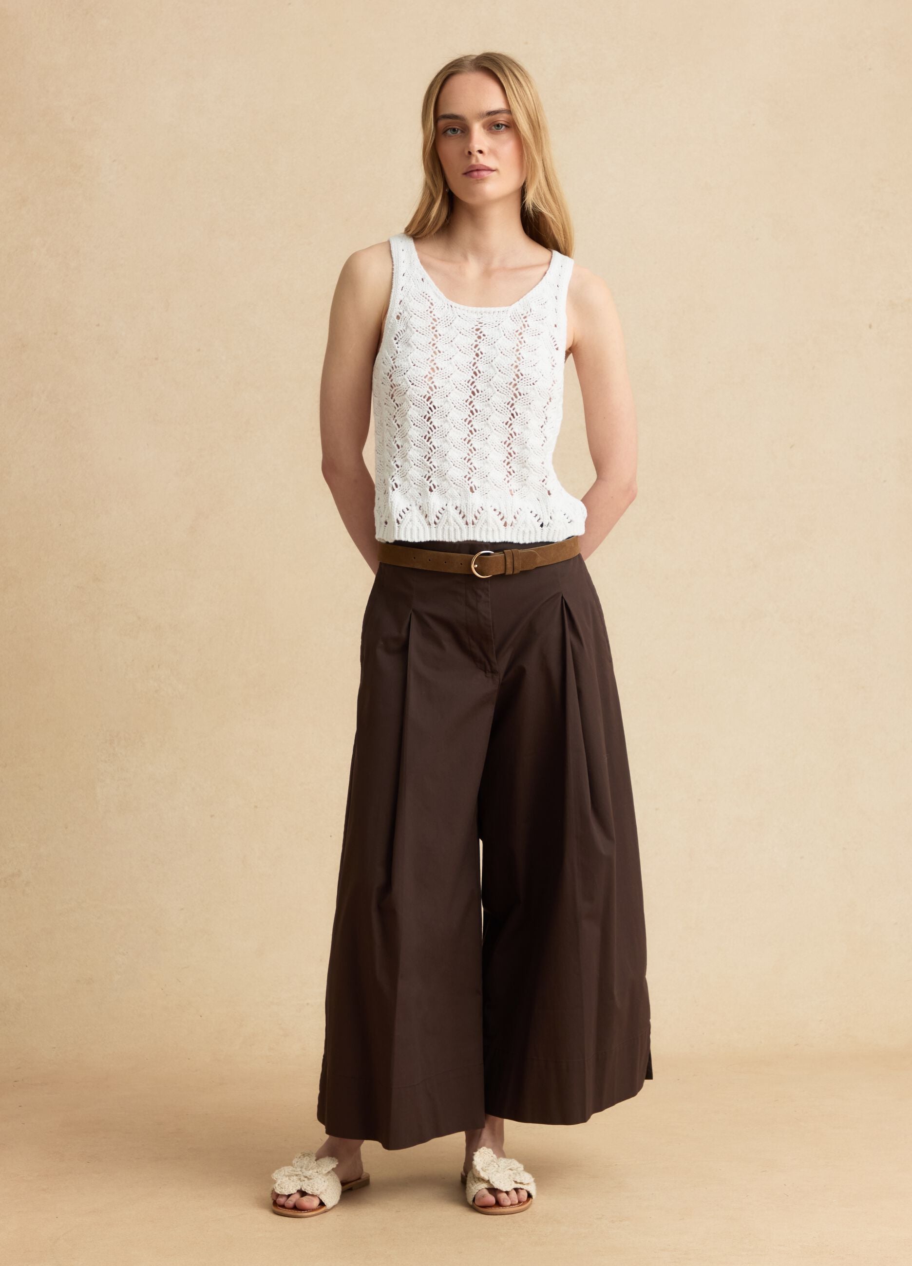 Brown stretch cotton culotte trousers
